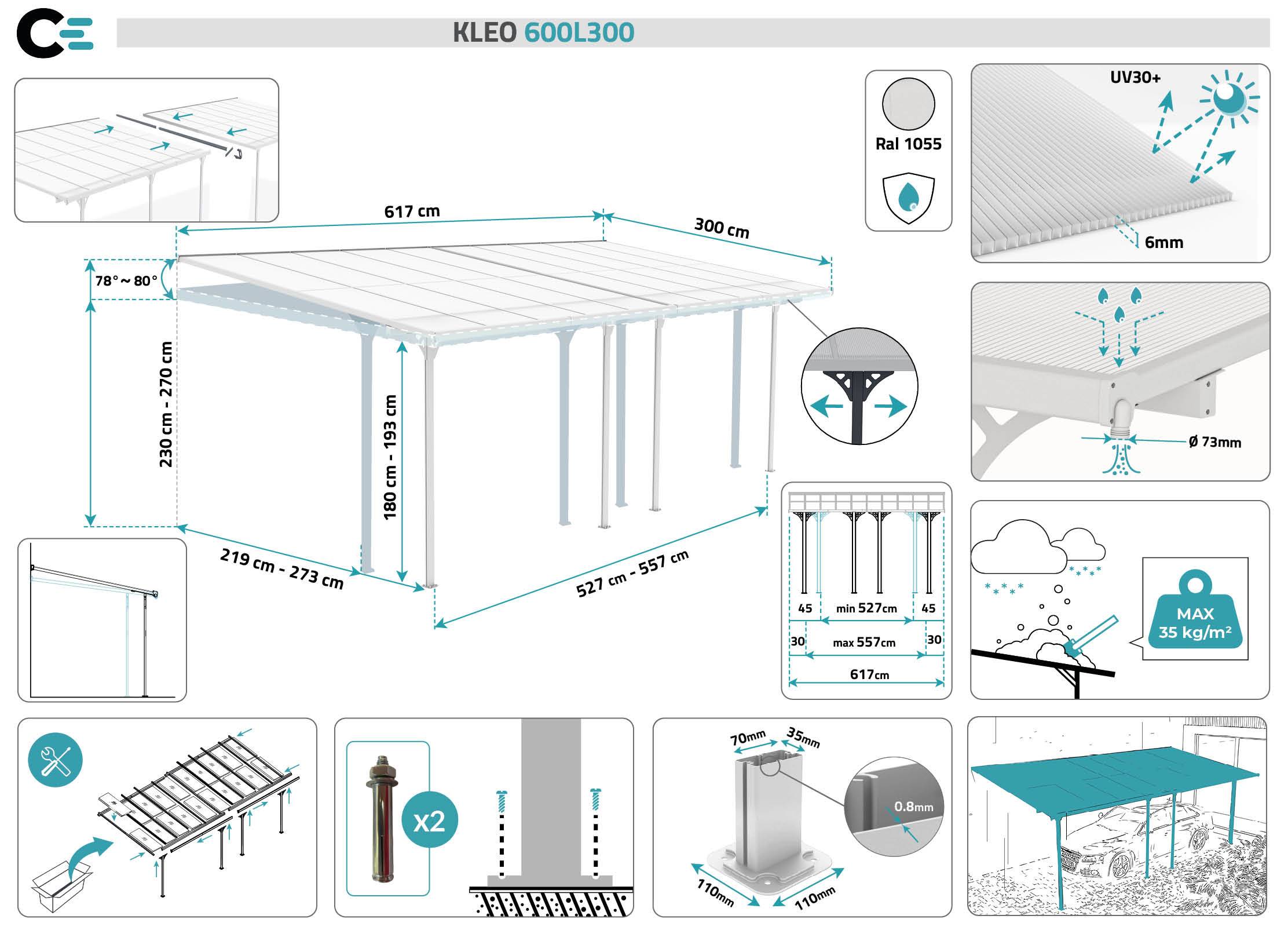 CAZEBOO - Cazeboo Pergola/Carport adossée 18m² KLEO 6x3 m blanc - toit terrasse en aluminium et polycarbonate - Image 2