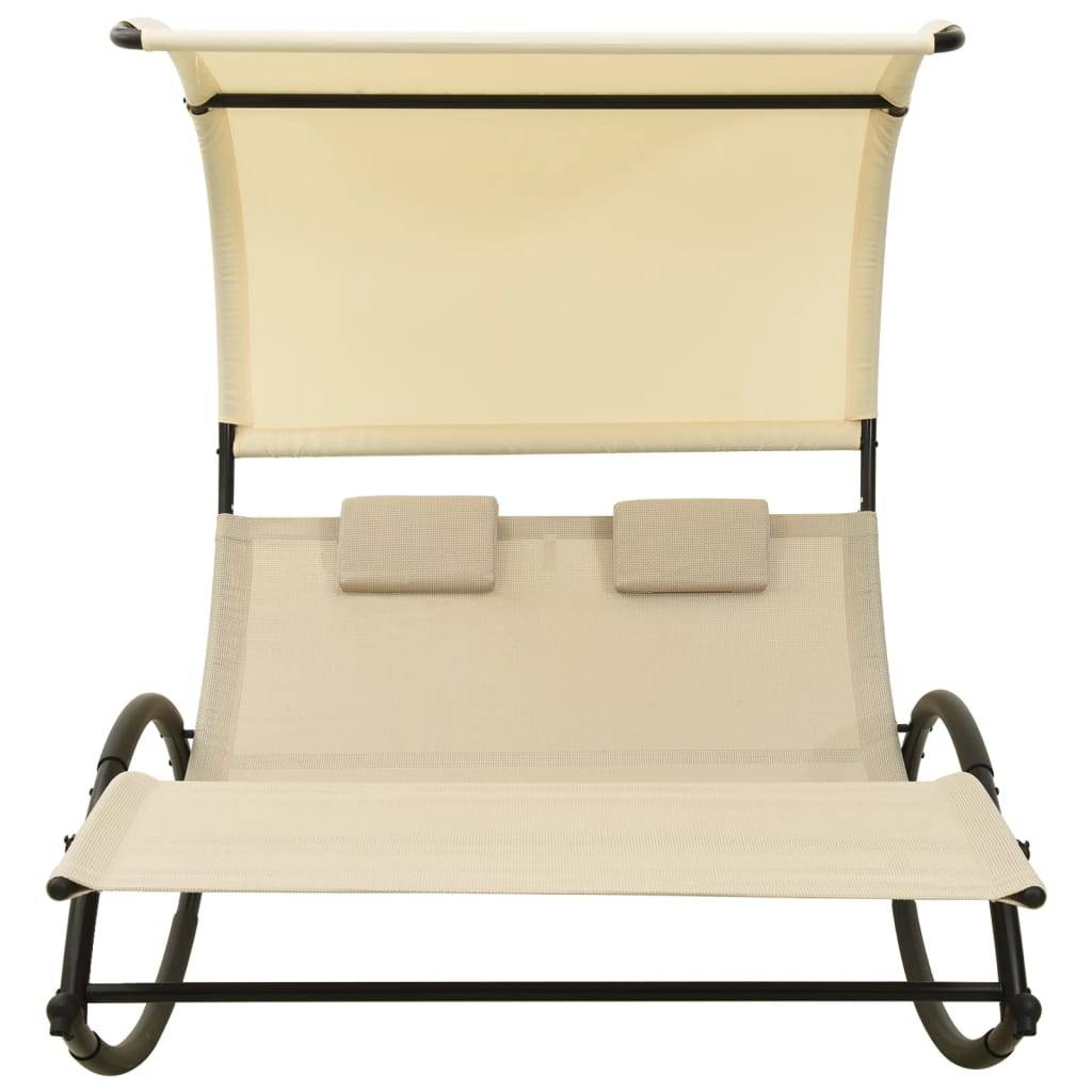 Helloshop26 - Transat chaise longue bain de soleil lit de jardin terrasse meuble d'extérieur double avec auvent textilène crème - Image 2