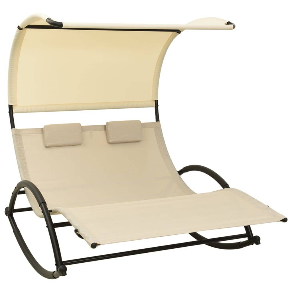 Helloshop26 - Transat chaise longue bain de soleil lit de jardin terrasse meuble d'extérieur double avec auvent textilène crème - Image 1