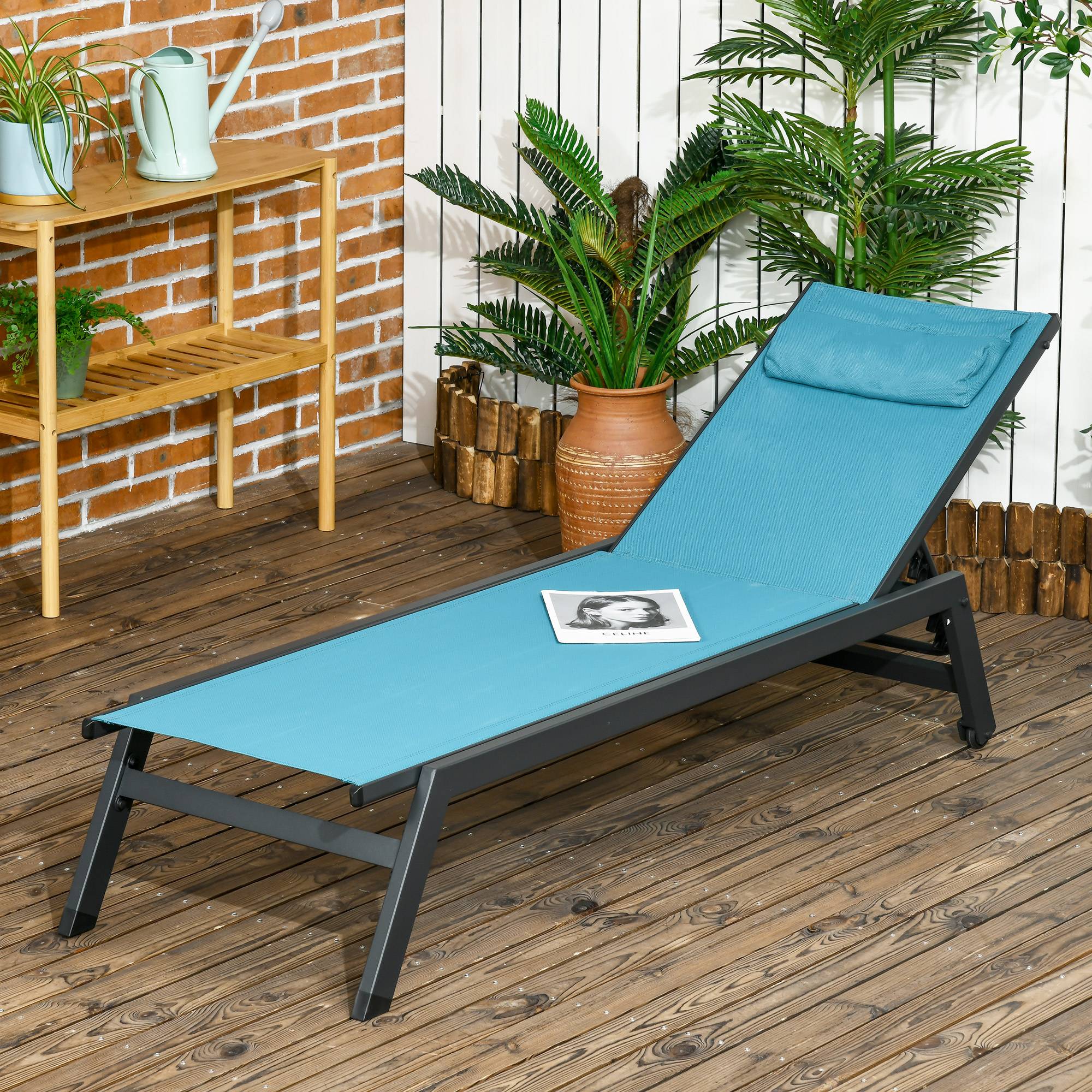 Outsunny - Bain de soleil transat inclinable 5 positions - tétière, 2 roulettes - alu. textilène bleu - Outsunny - Image 2