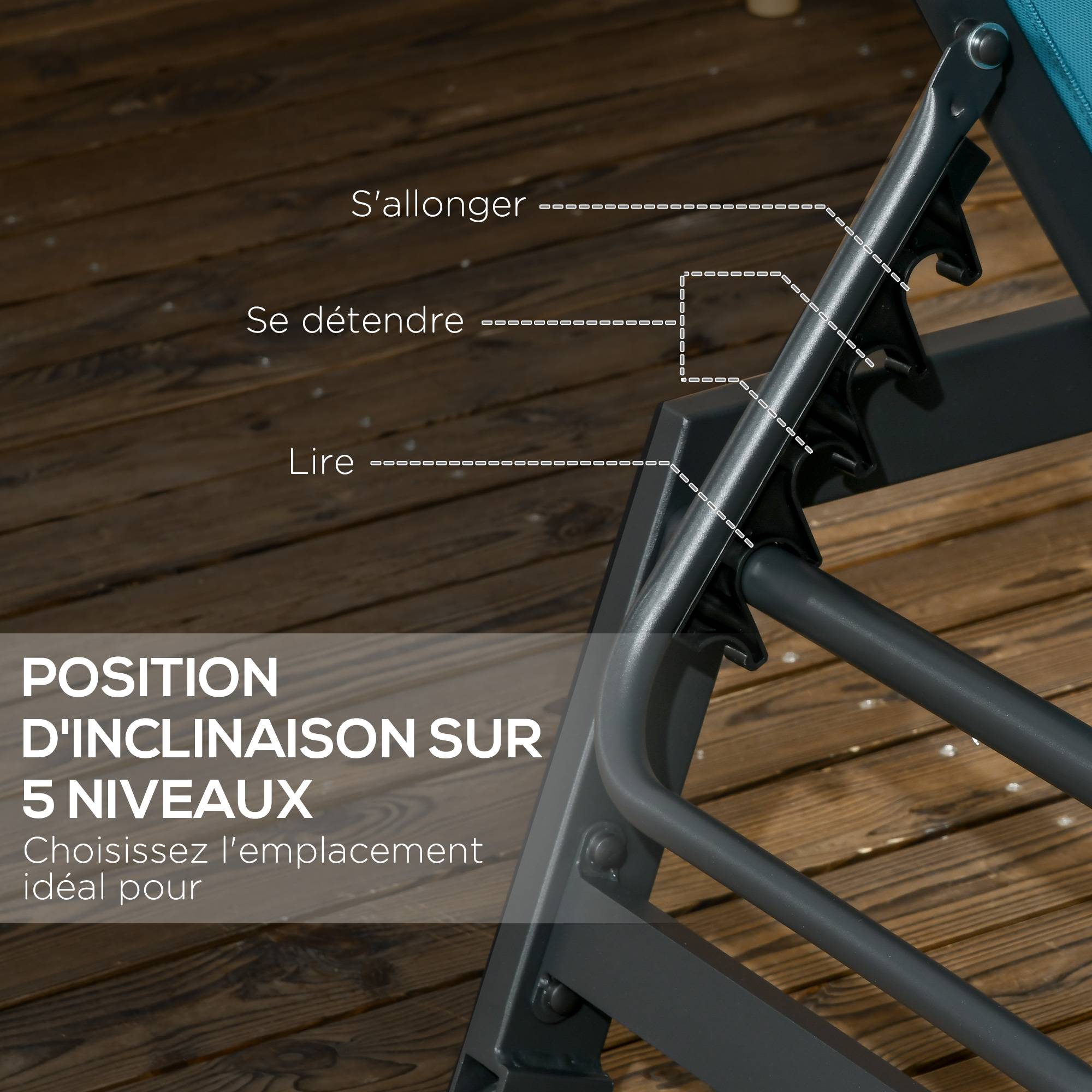 Outsunny - Bain de soleil transat inclinable 5 positions - tétière, 2 roulettes - alu. textilène bleu - Outsunny - Image 4