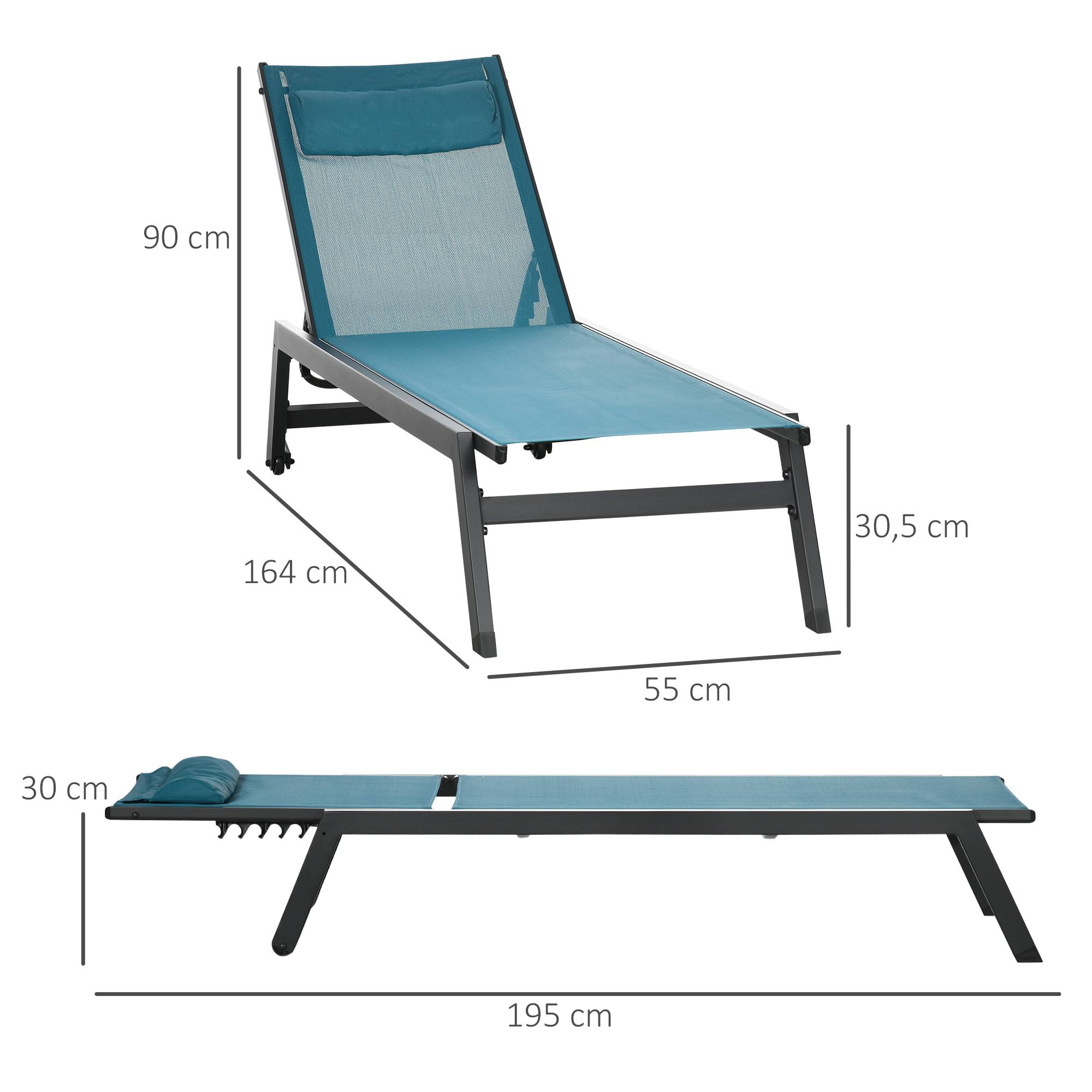 Outsunny - Bain de soleil transat inclinable 5 positions - tétière, 2 roulettes - alu. textilène bleu - Outsunny - Image 3