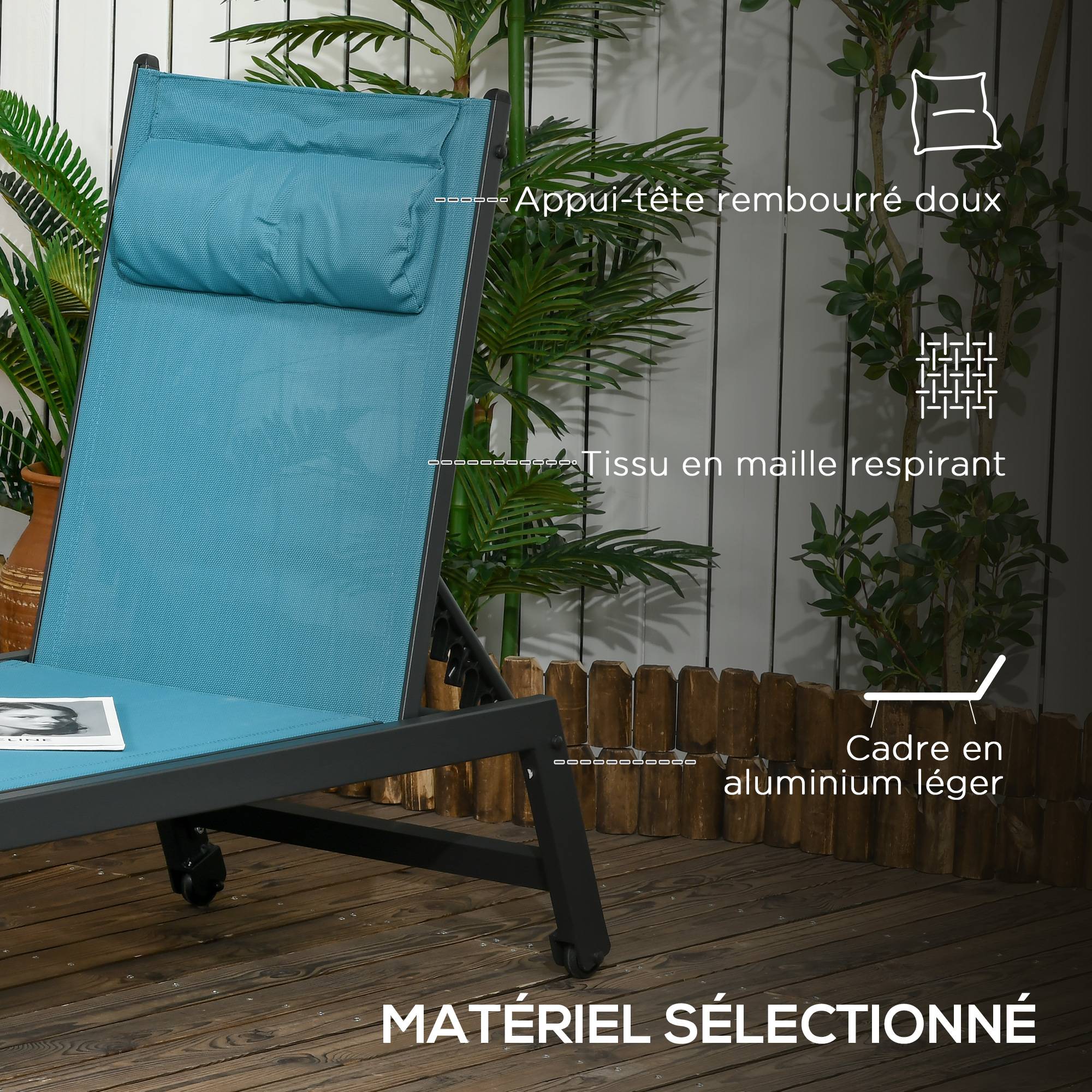 Outsunny - Bain de soleil transat inclinable 5 positions - tétière, 2 roulettes - alu. textilène bleu - Outsunny - Image 5