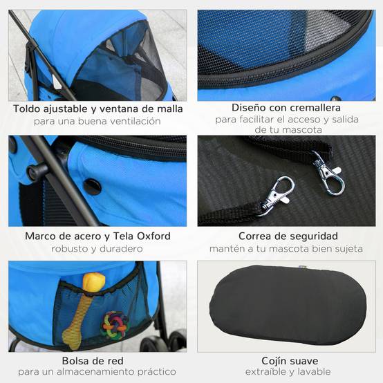 Poussette pliable pour petit chien avec fenêtres en filet, coussin lavable, sangles de sécurité et cadre en acier - Bleue - Image 8