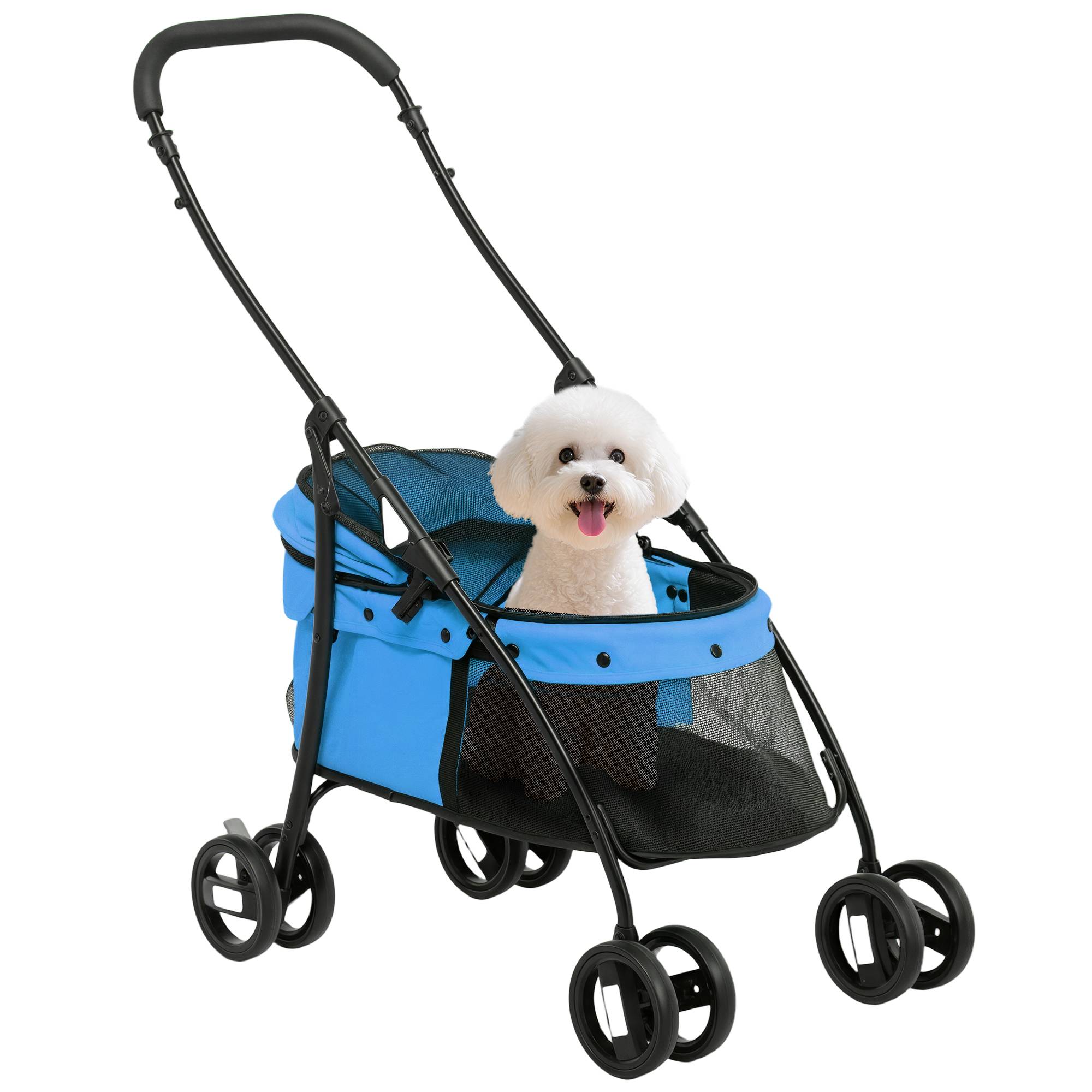 Poussette pliable pour petit chien avec fenêtres en filet, coussin lavable, sangles de sécurité et cadre en acier - Bleue - Image 1