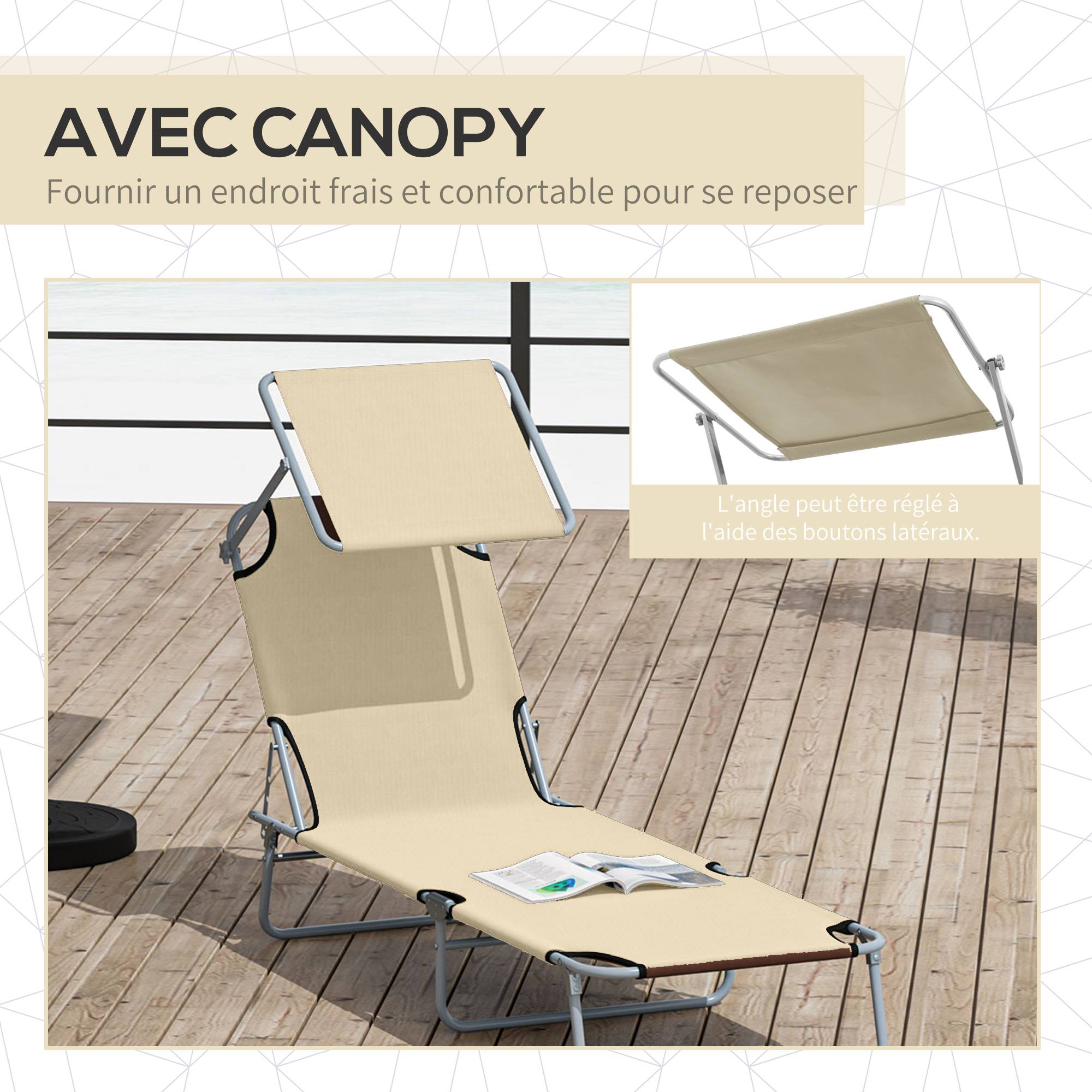 Transat Bain de Soleil Pliable Chaise Longue Pliante Dossier Inclinable Multi-positions et Pare-Soleil réglable - Image 8