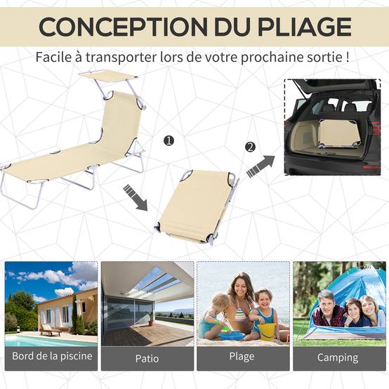 Transat Bain de Soleil Pliable Chaise Longue Pliante Dossier Inclinable Multi-positions et Pare-Soleil réglable - Image 7