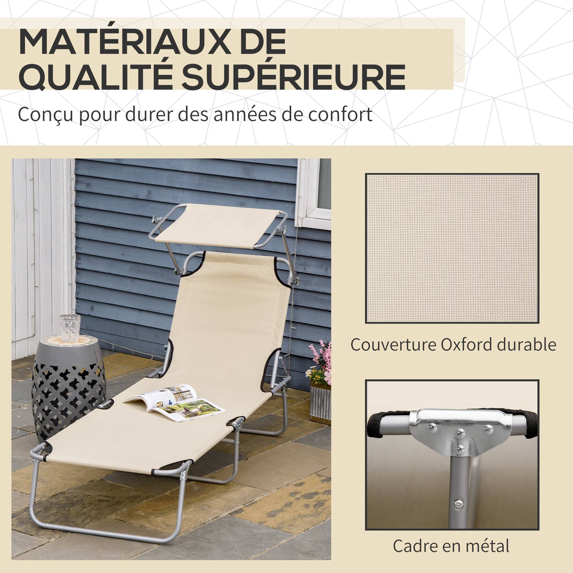 Transat Bain de Soleil Pliable Chaise Longue Pliante Dossier Inclinable Multi-positions et Pare-Soleil réglable - Image 9