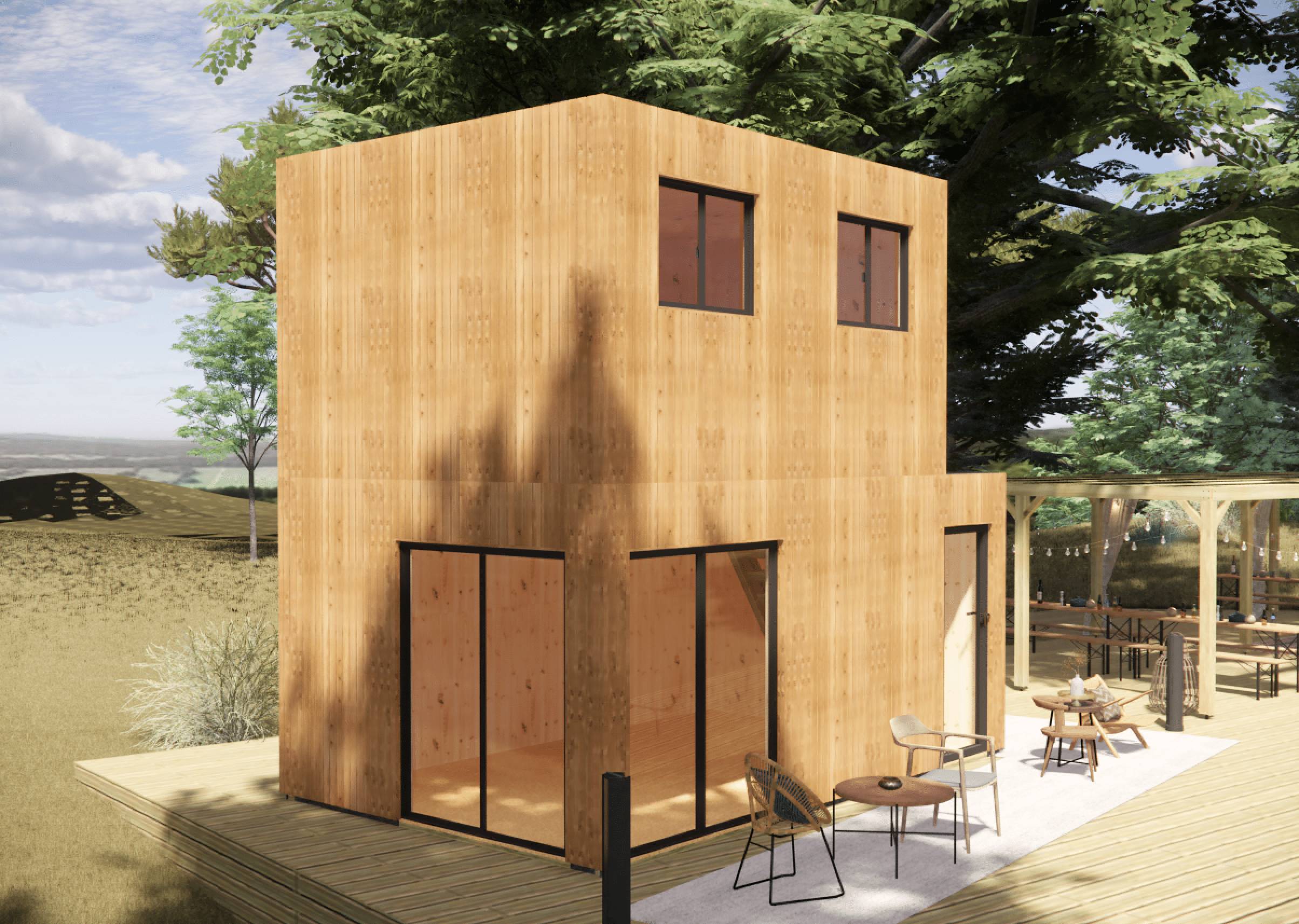 Bureau de jardin 4 saisons en bois 5,5 x 3,5 x 2,7 m / isolation RE2020 avec plancher isolé avec mezzanine et terrasse - Image 1