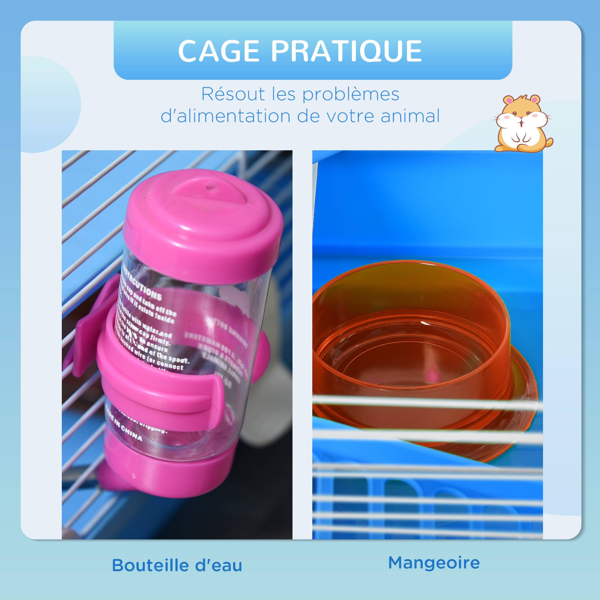 Cage rongeur hamster métal 2 niveaux tunnel accessoires inclus bleu 46x30x37cm - ComfortXL Outdoor Living - Image 7