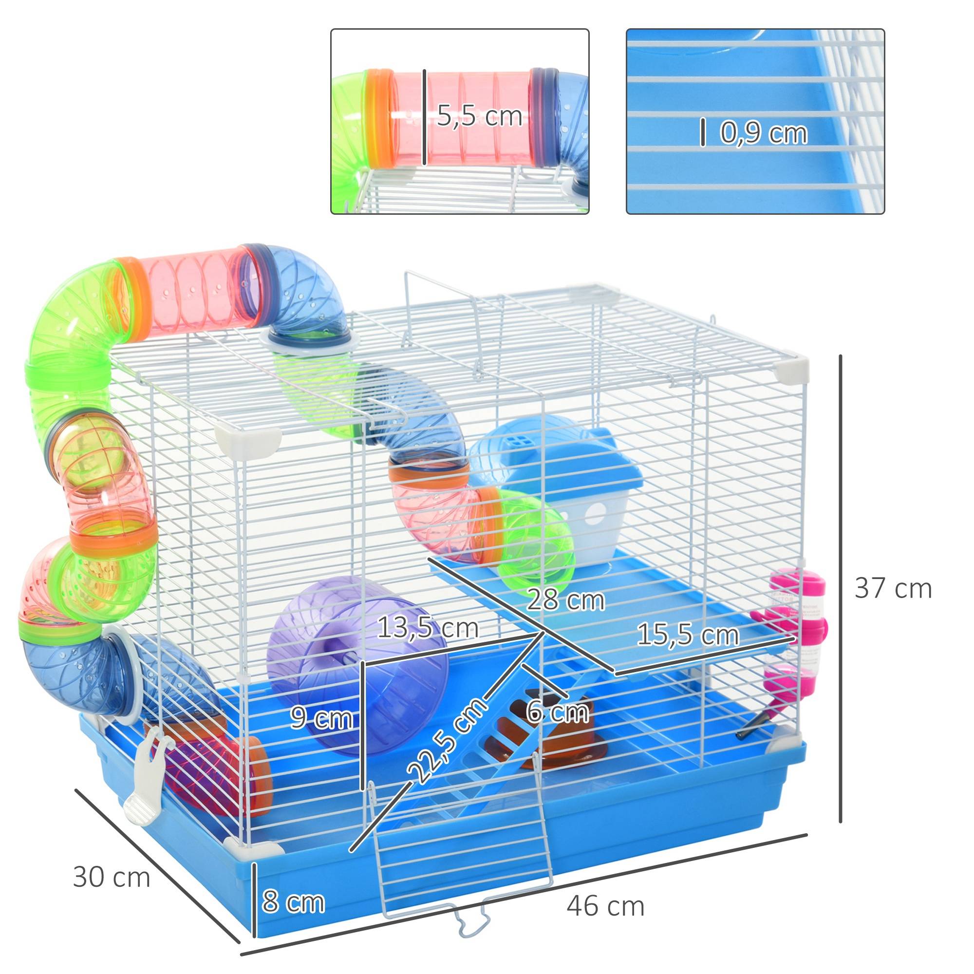 Cage rongeur hamster métal 2 niveaux tunnel accessoires inclus bleu 46x30x37cm - ComfortXL Outdoor Living - Image 5