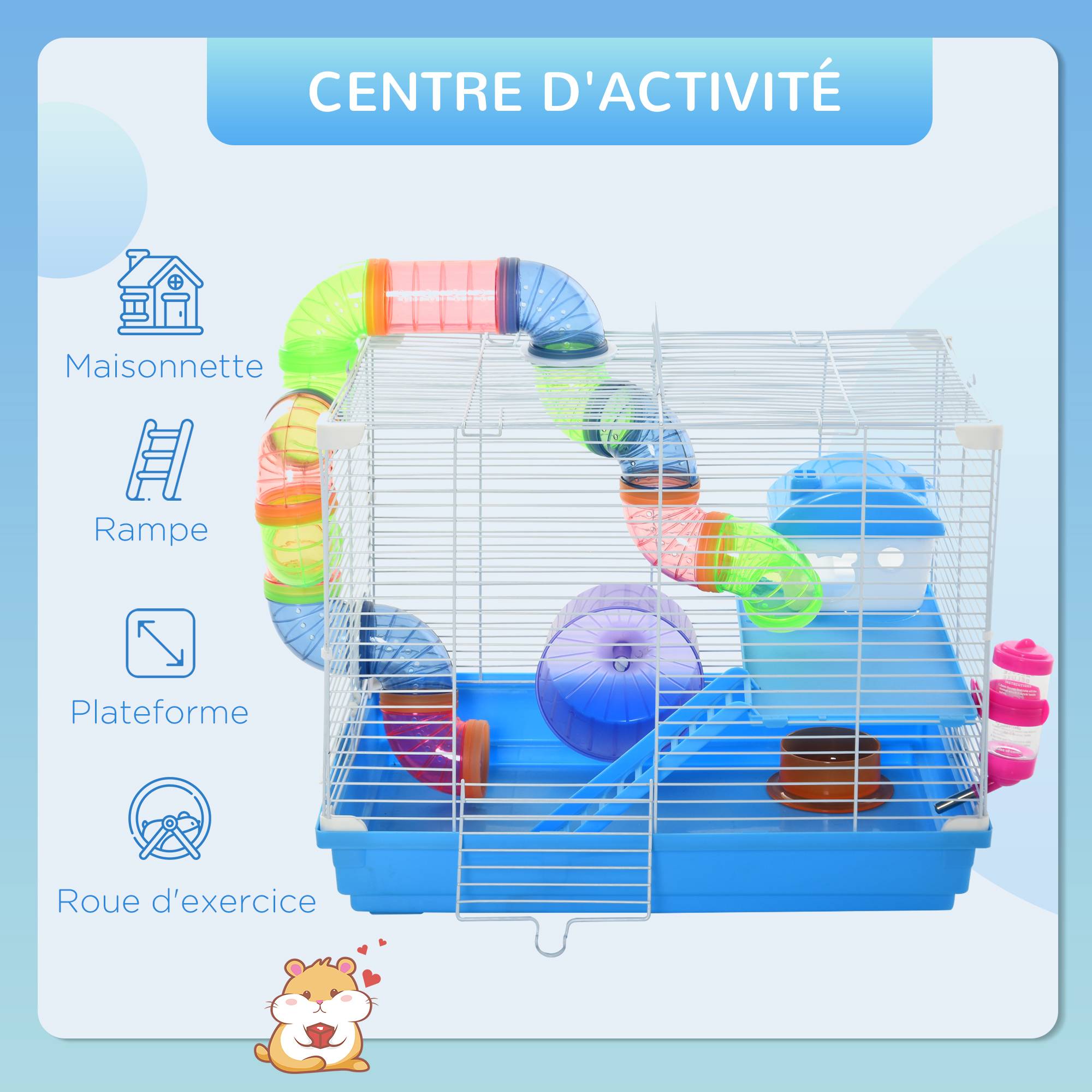 Cage rongeur hamster métal 2 niveaux tunnel accessoires inclus bleu 46x30x37cm - ComfortXL Outdoor Living - Image 6