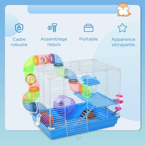 Cage rongeur hamster métal 2 niveaux tunnel accessoires inclus bleu 46x30x37cm - ComfortXL Outdoor Living - Image 9