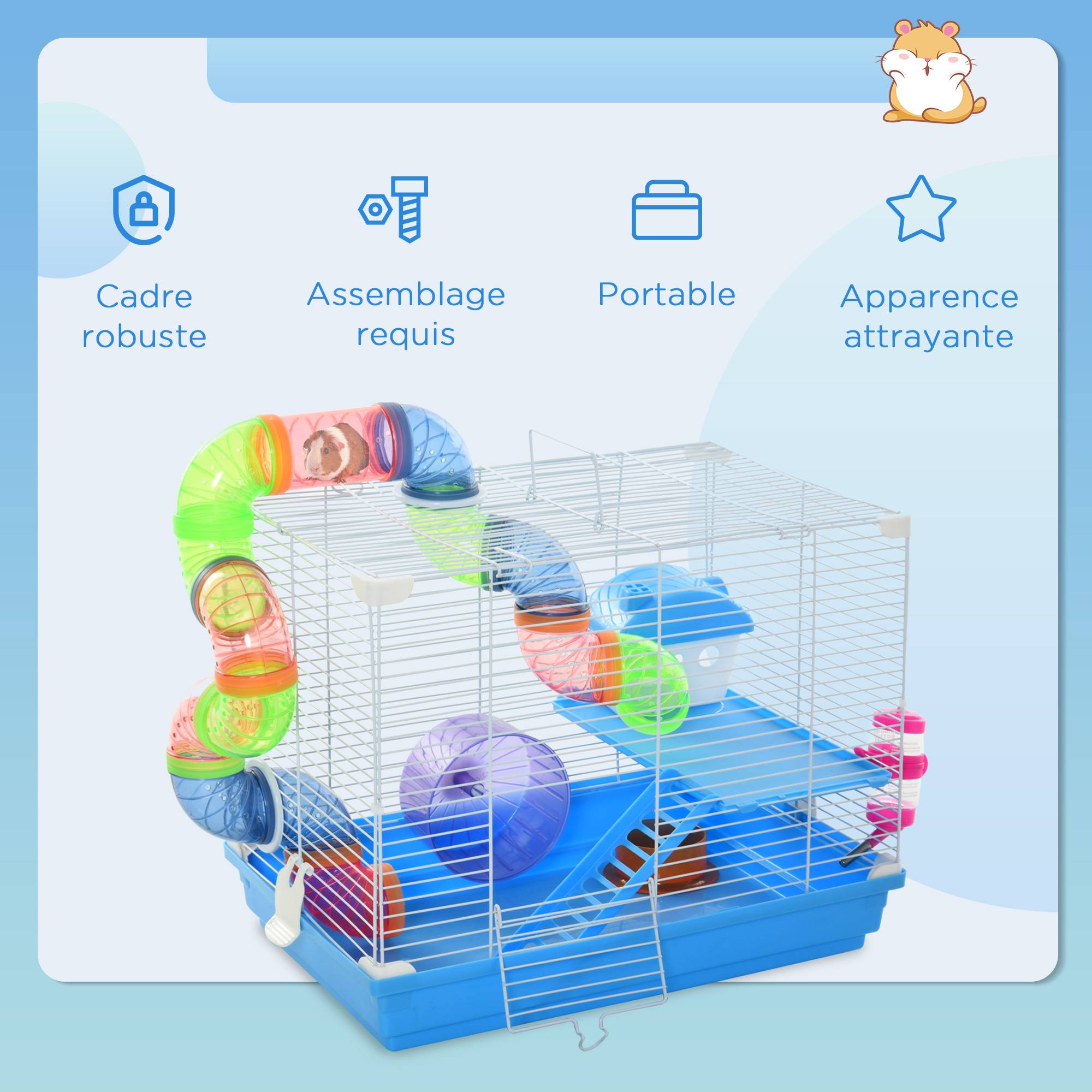 Cage rongeur hamster métal 2 niveaux tunnel accessoires inclus bleu 46x30x37cm - ComfortXL Outdoor Living - Image 9