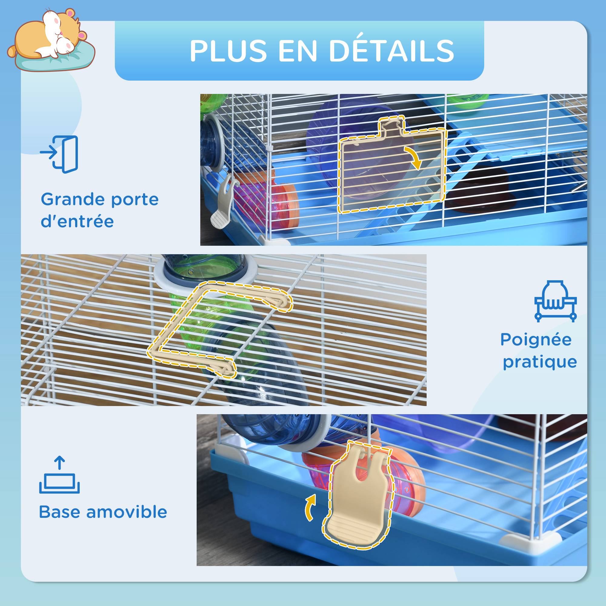Cage rongeur hamster métal 2 niveaux tunnel accessoires inclus bleu 46x30x37cm - ComfortXL Outdoor Living - Image 8