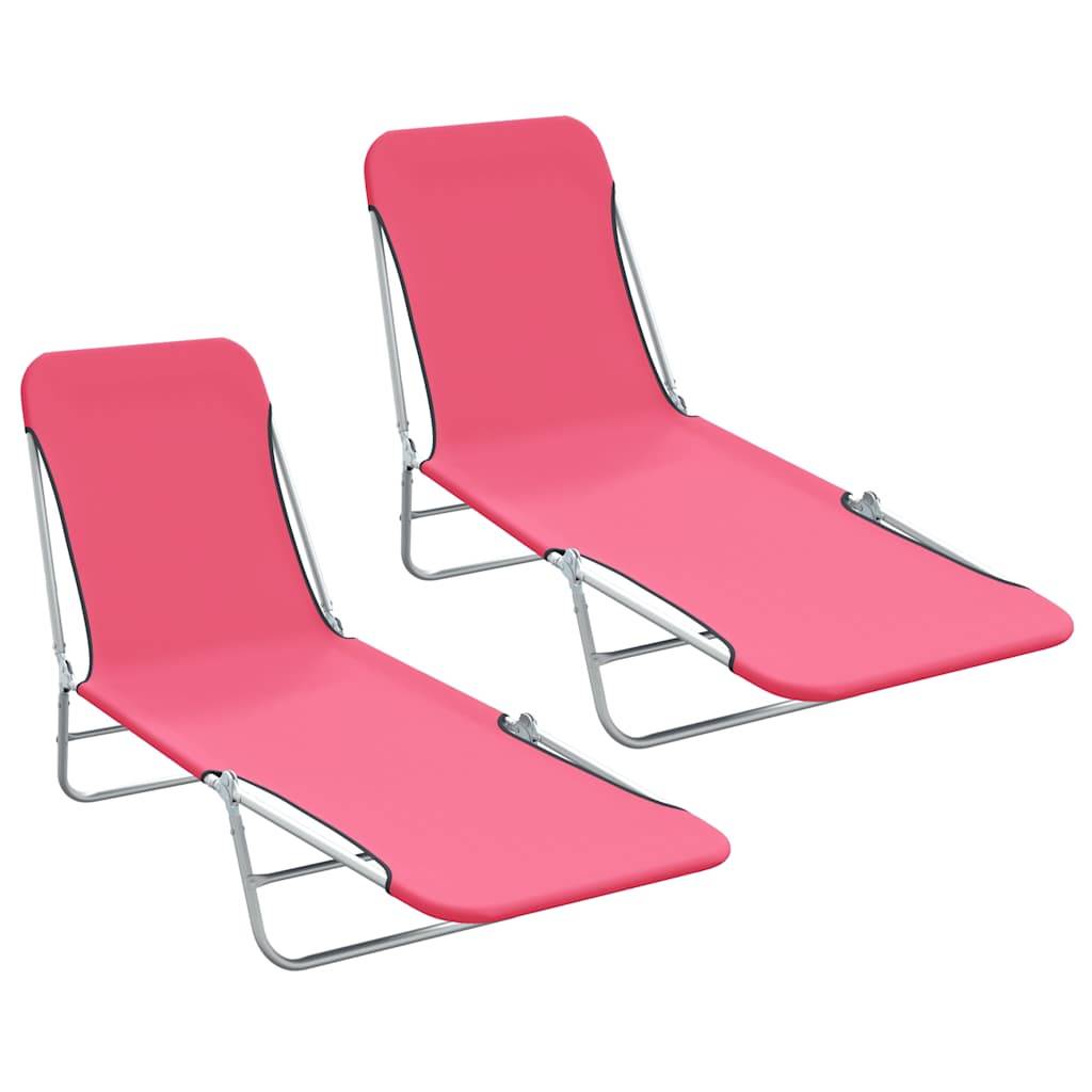 Maison Chic - 2 pcs Chaises longue | Transat | Bain de soleils pliables Acier et tissu Rose - Image 2