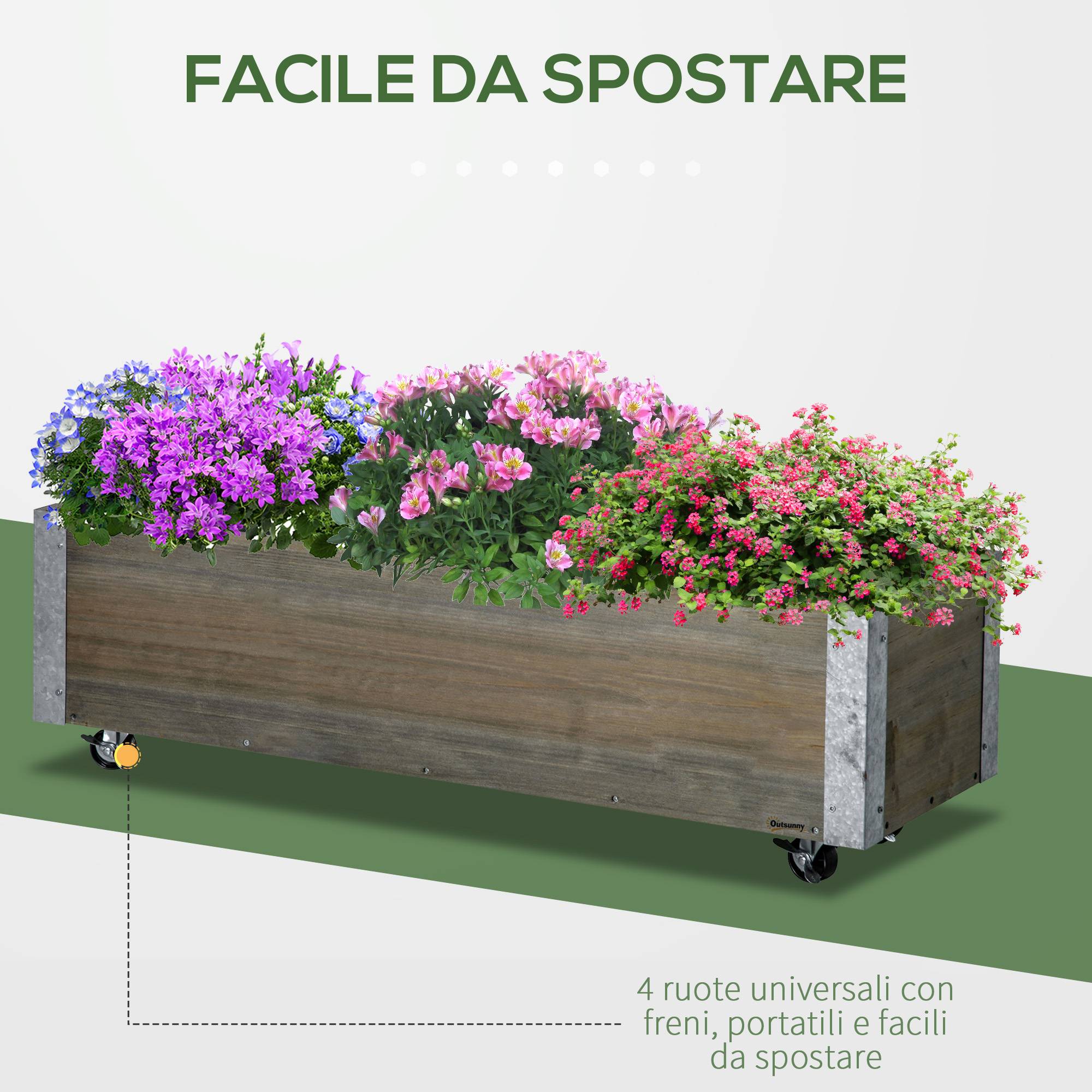 Jardinière Rectangulaire Bois Sapin Roues Frein, 96x30.6x30cm, Gris - Image 9