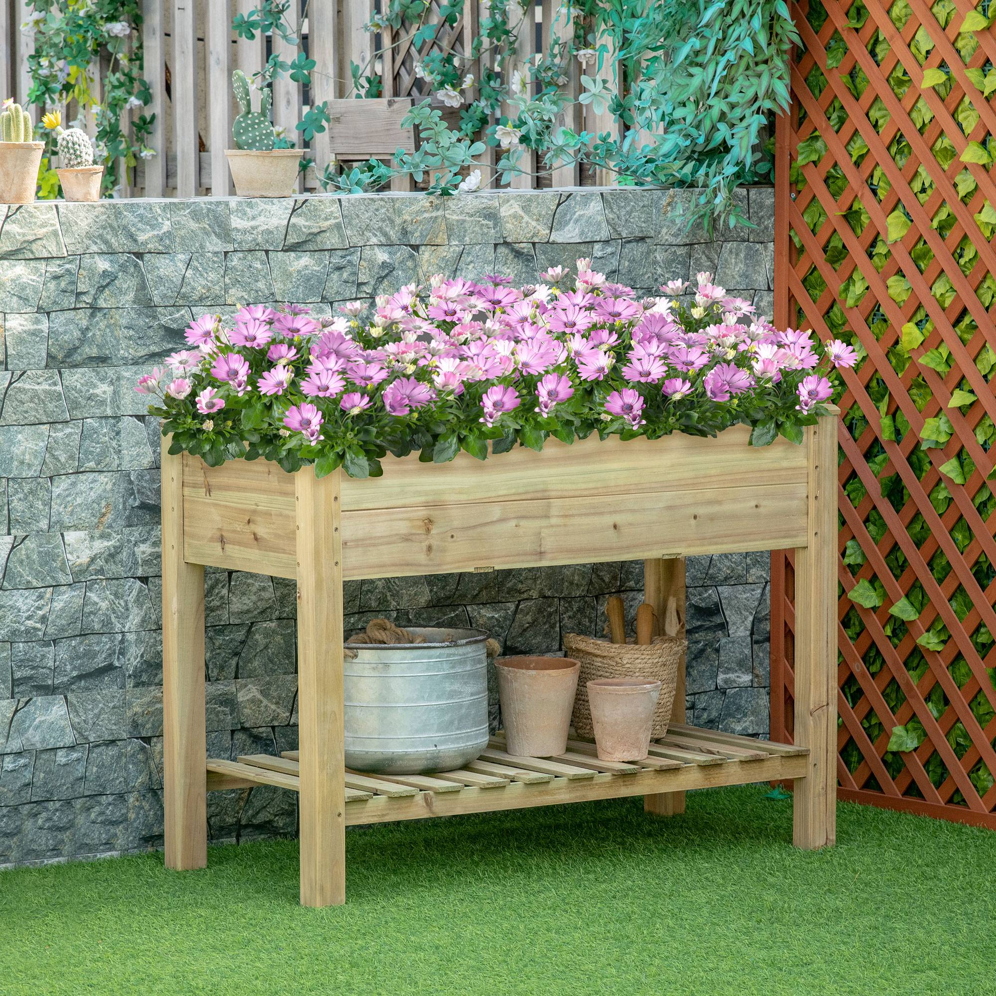 Jardinière surélevée avec Étagère de Rangement en Bois, Carré Potager sur Pied surélevé, 113 x 56 x 84 cm, vert - Image 3