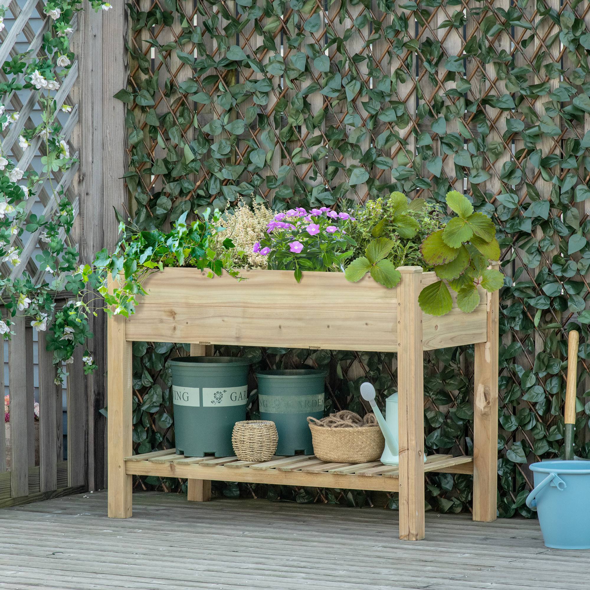 Jardinière surélevée avec Étagère de Rangement en Bois, Carré Potager sur Pied surélevé, 113 x 56 x 84 cm, vert - Image 4
