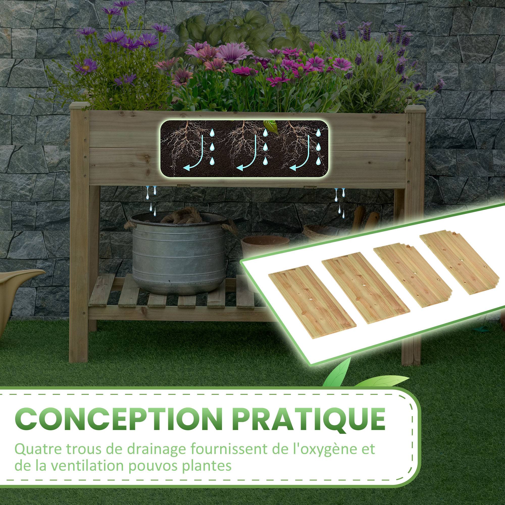 Jardinière surélevée avec Étagère de Rangement en Bois, Carré Potager sur Pied surélevé, 113 x 56 x 84 cm, vert - Image 8