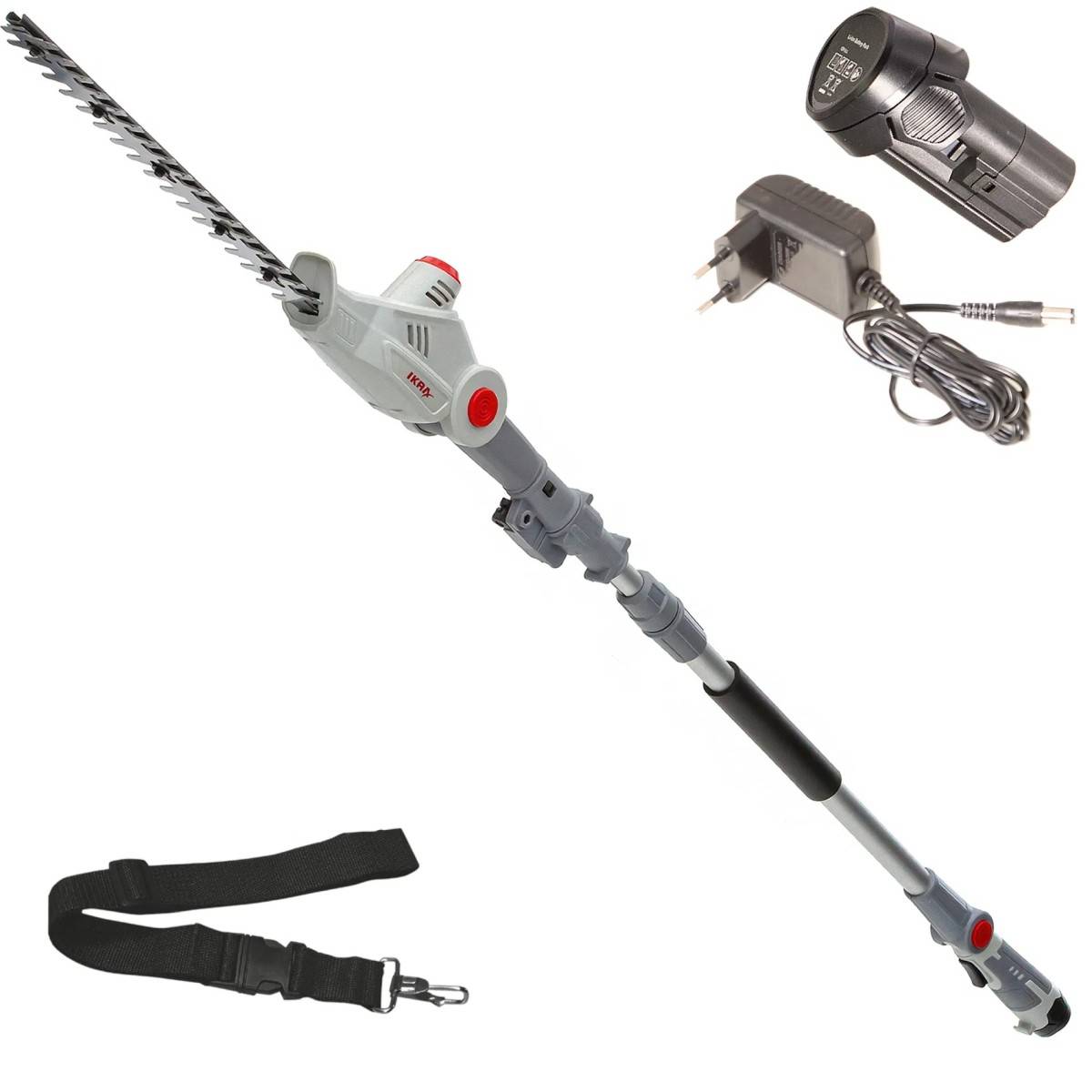 Taille Haie sur perche télescopique 12V - Lame de 41cm -Batterie Lithium 2,5Ah - Chargeur 12V - Sangle d'épaule IKRA - Image 1