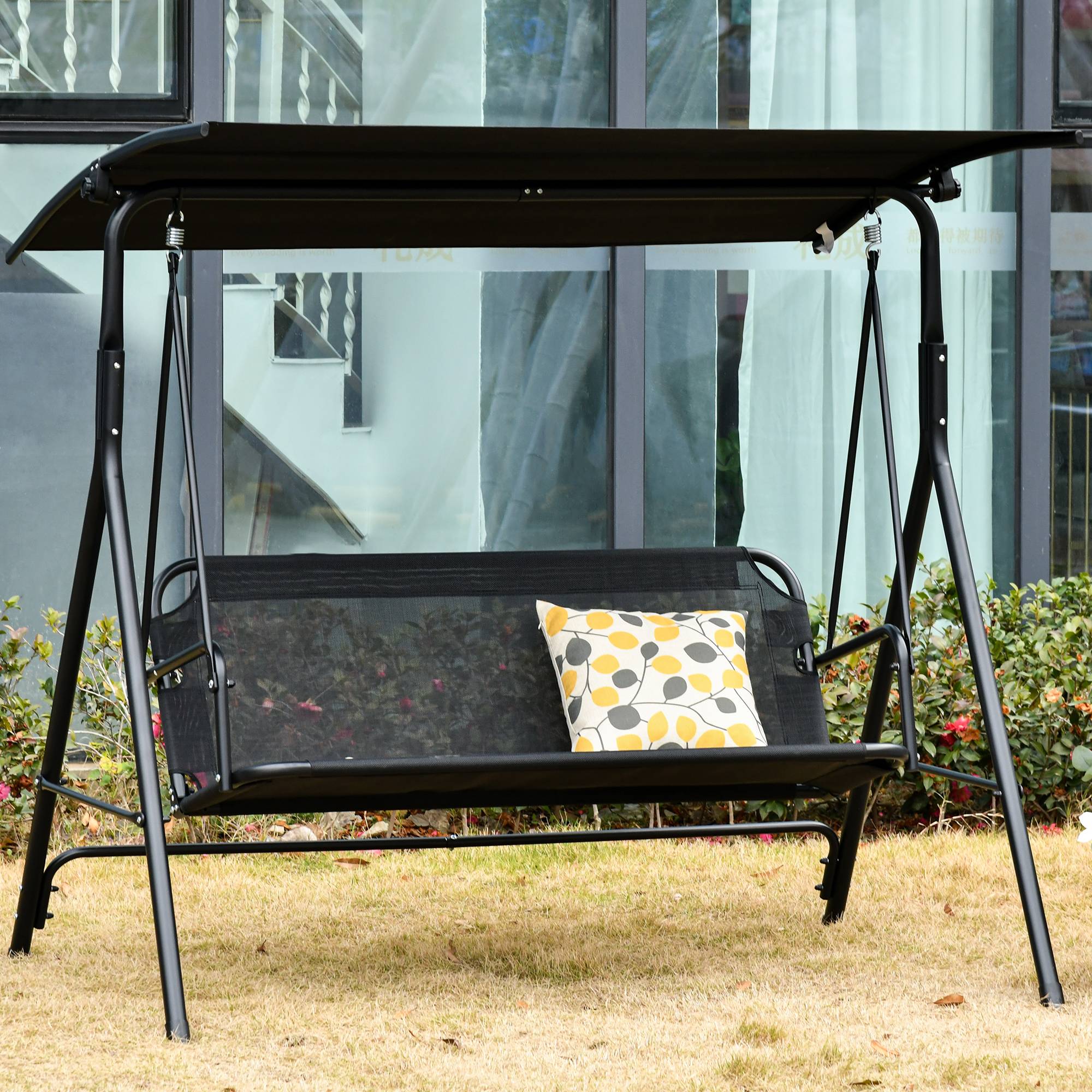 Balancelle Hollywood 2 places Outsunny, chaise longue de jardin, résistante aux UV, structure en métal de haute qualité, inclinaison réglable, noire - Image 3