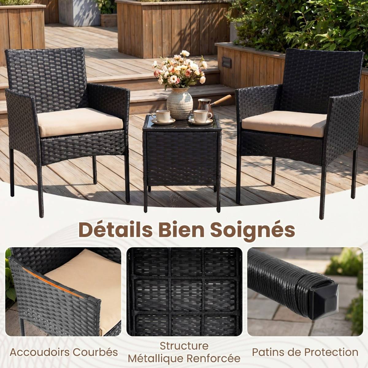 Ensemble Salon de Jardin 3 Pièces - Table et 2 Chaises Confortables en Verre Coussins Amovibles Marron MAISON CHIC - Image 5