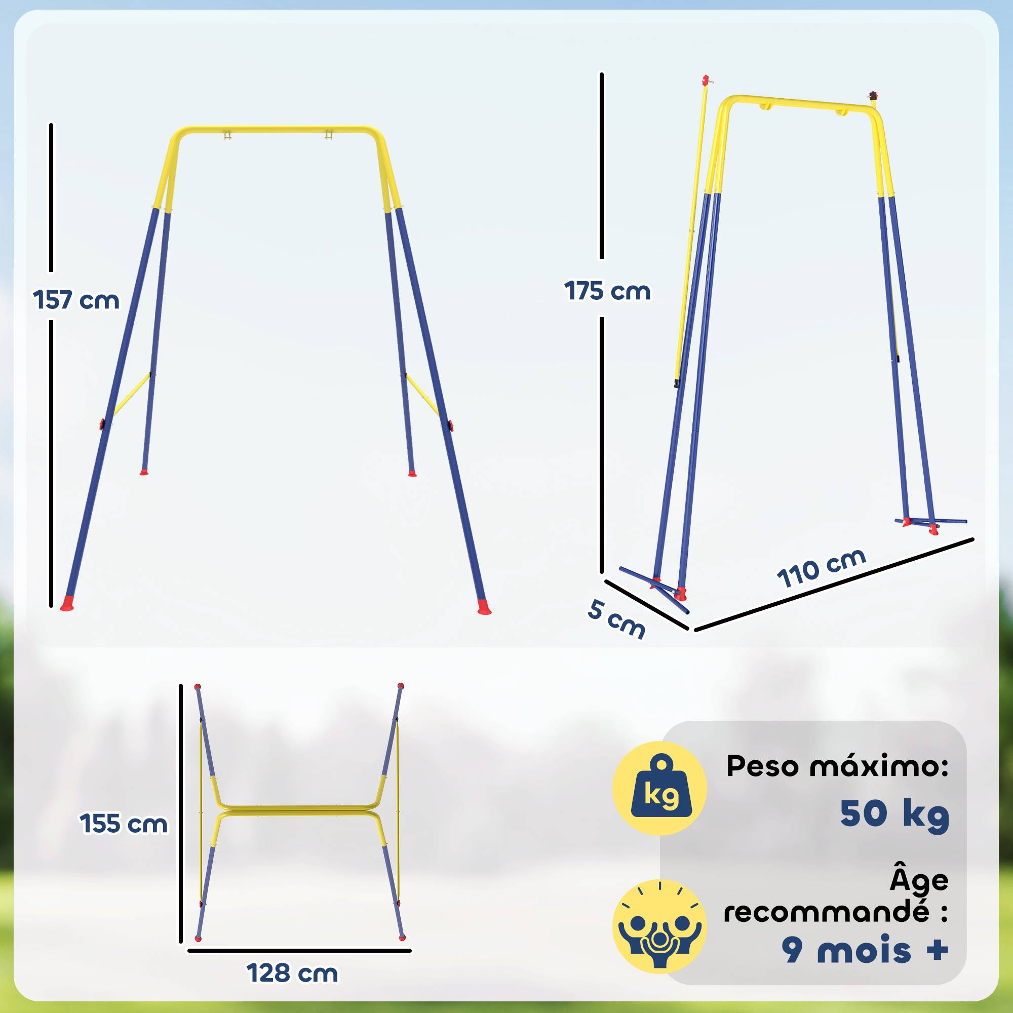 Balançoire pliable bleue forme A crochets et piquets charge 50kg 128 × 155 × 157 cm jardin - Image 5