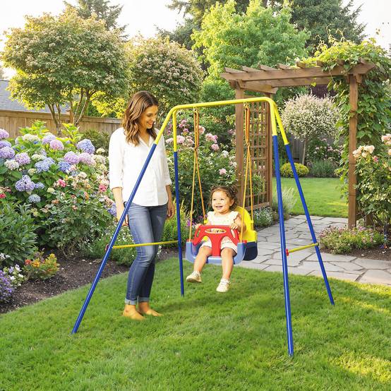 Balançoire pliable bleue forme A crochets et piquets charge 50kg 128 × 155 × 157 cm jardin - Image 4
