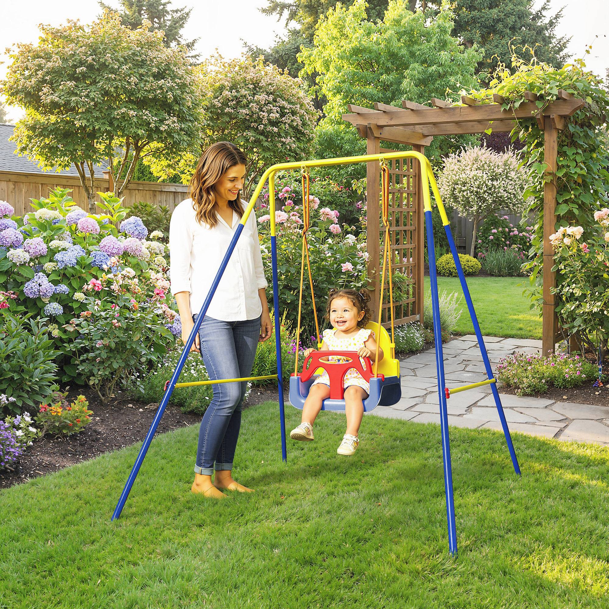 Balançoire pliable bleue forme A crochets et piquets charge 50kg 128 × 155 × 157 cm jardin - Image 4