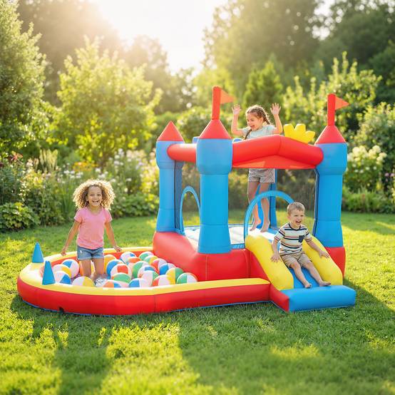 Château gonflable avec souffleur, aire de jeux gonflable avec toboggans, trampoline, piscine à balles, multicolore - Image 3