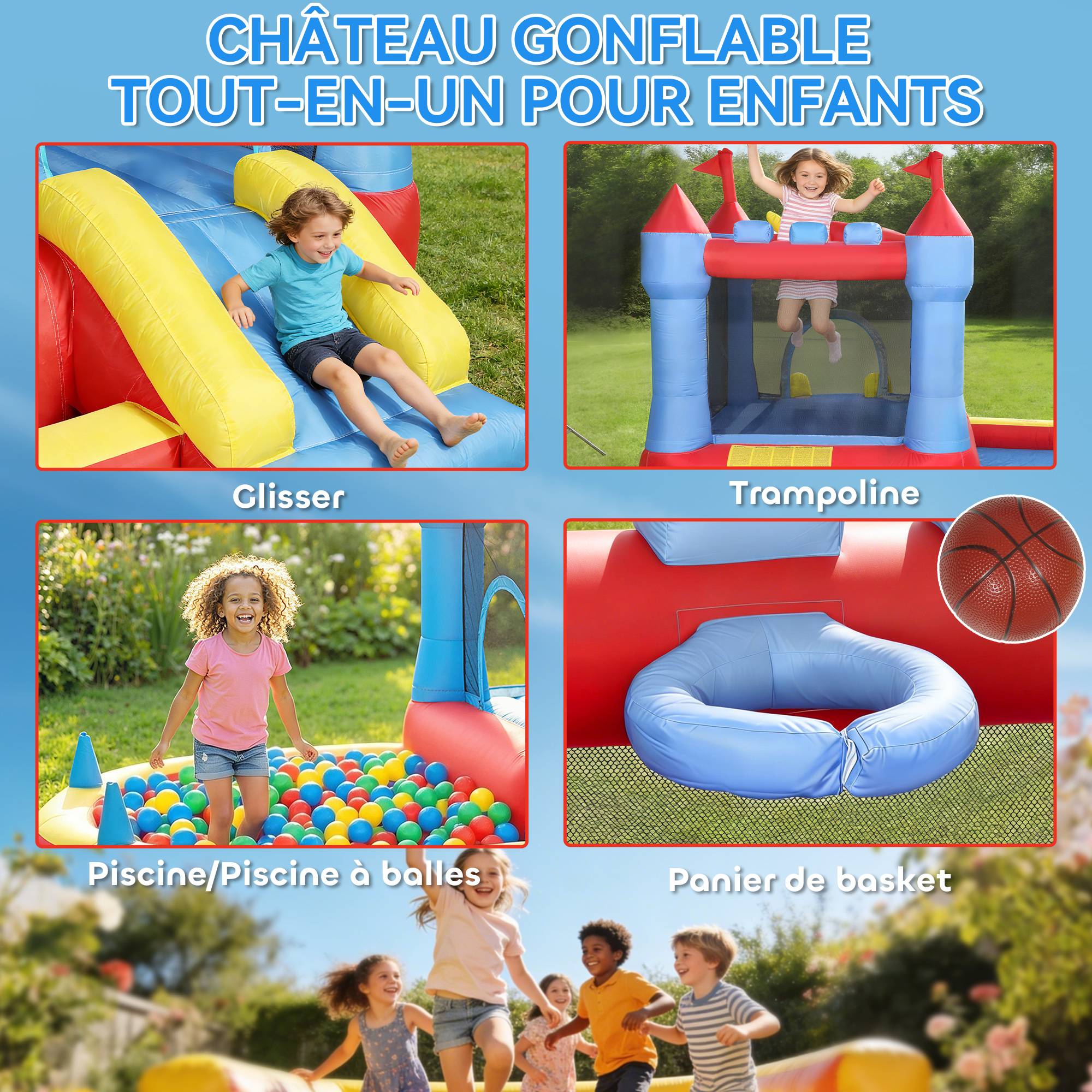 Château gonflable avec souffleur, aire de jeux gonflable avec toboggans, trampoline, piscine à balles, multicolore - Image 6