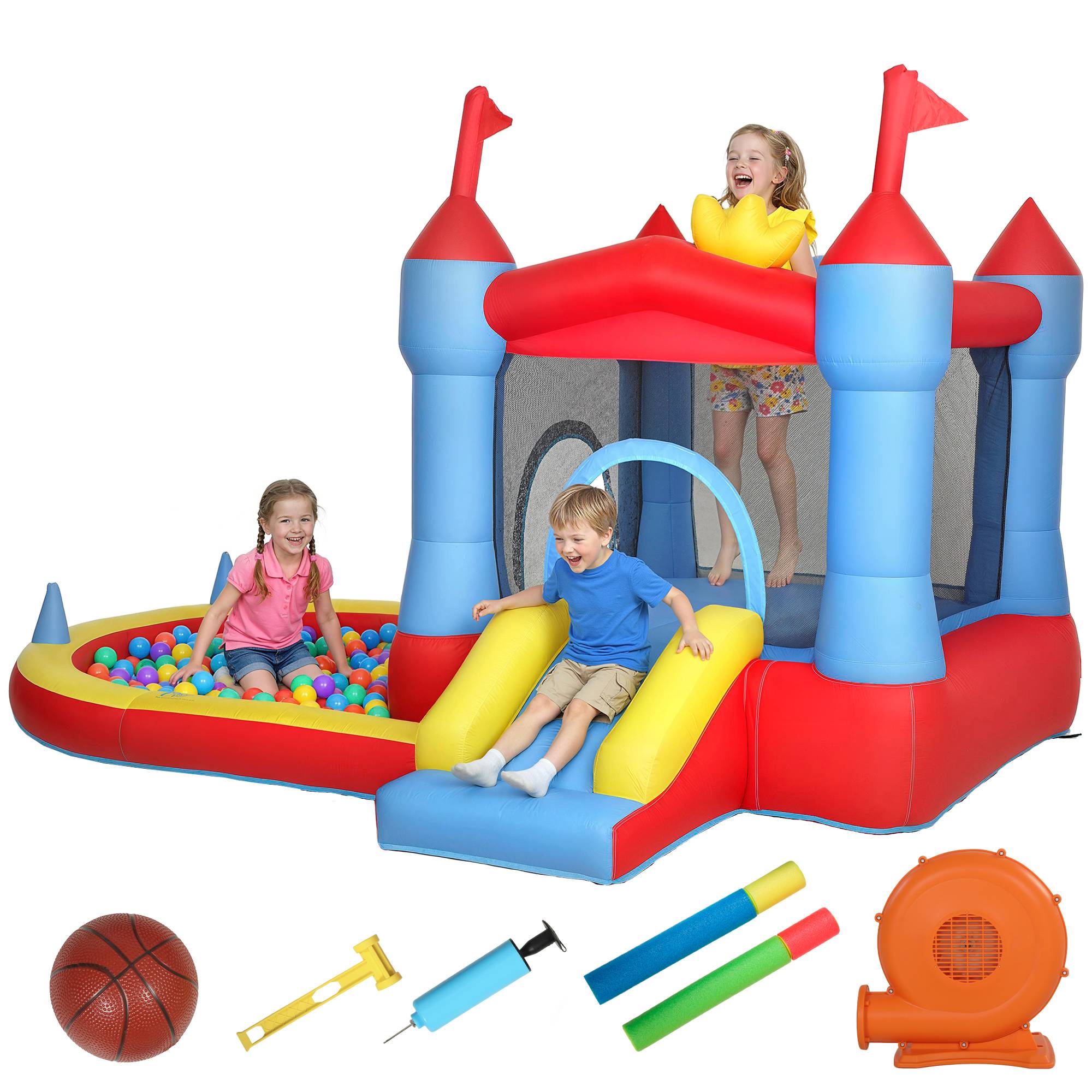 Château gonflable avec souffleur, aire de jeux gonflable avec toboggans, trampoline, piscine à balles, multicolore - Image 2
