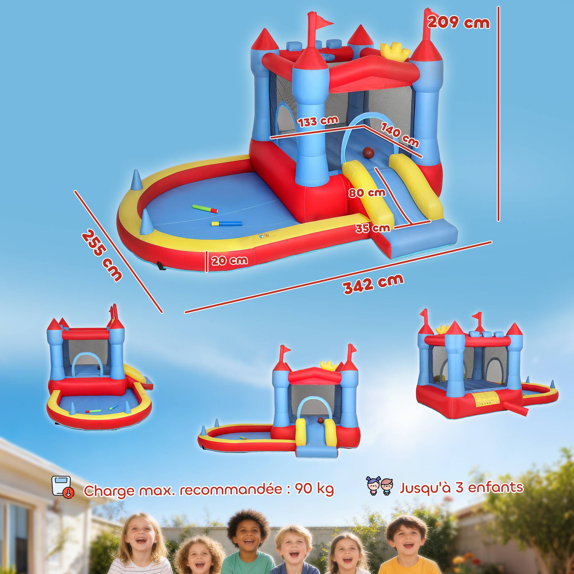 Château gonflable avec souffleur, aire de jeux gonflable avec toboggans, trampoline, piscine à balles, multicolore - Image 5