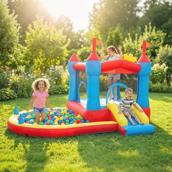 Château gonflable avec souffleur, aire de jeux gonflable avec toboggans, trampoline, piscine à balles, multicolore - Image 4