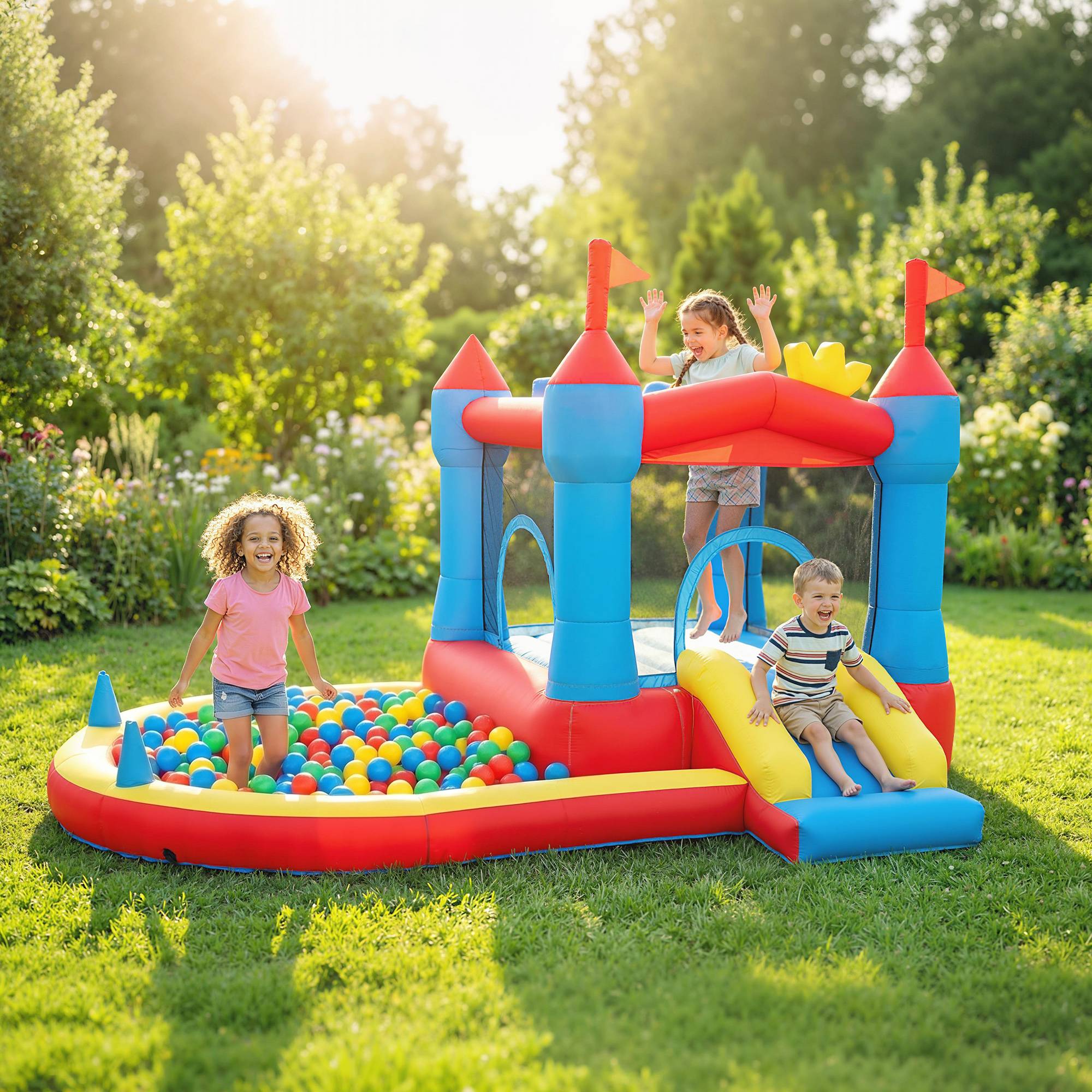 Château gonflable avec souffleur, aire de jeux gonflable avec toboggans, trampoline, piscine à balles, multicolore - Image 4