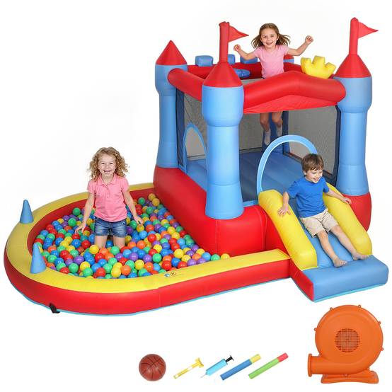 Château gonflable avec souffleur, aire de jeux gonflable avec toboggans, trampoline, piscine à balles, multicolore - Image 1