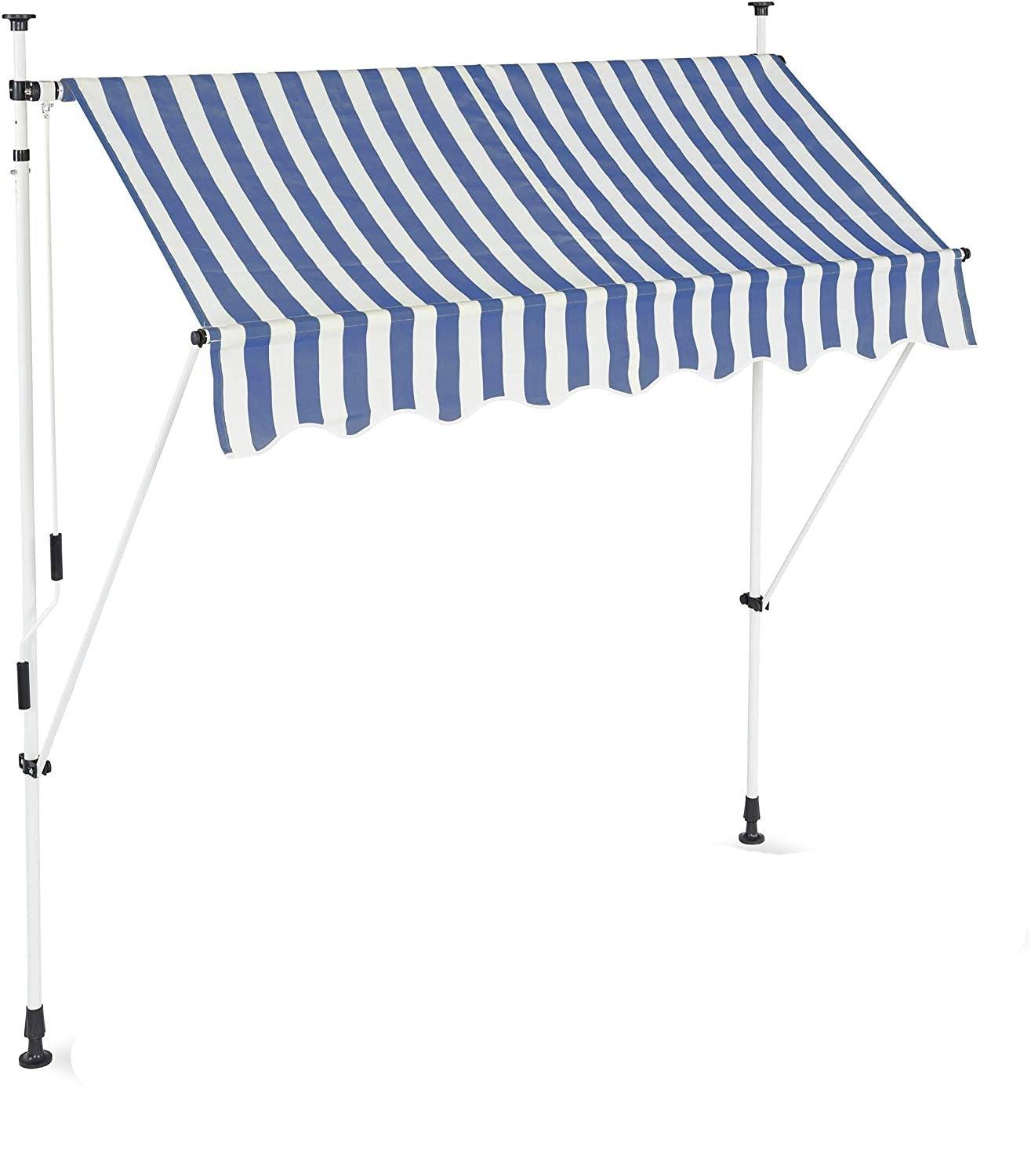 Store banne télescopique de balcon manivelle hauteur réglable résistant uv polyester acier 200 x 120 cm blanc et bleu - Image 1