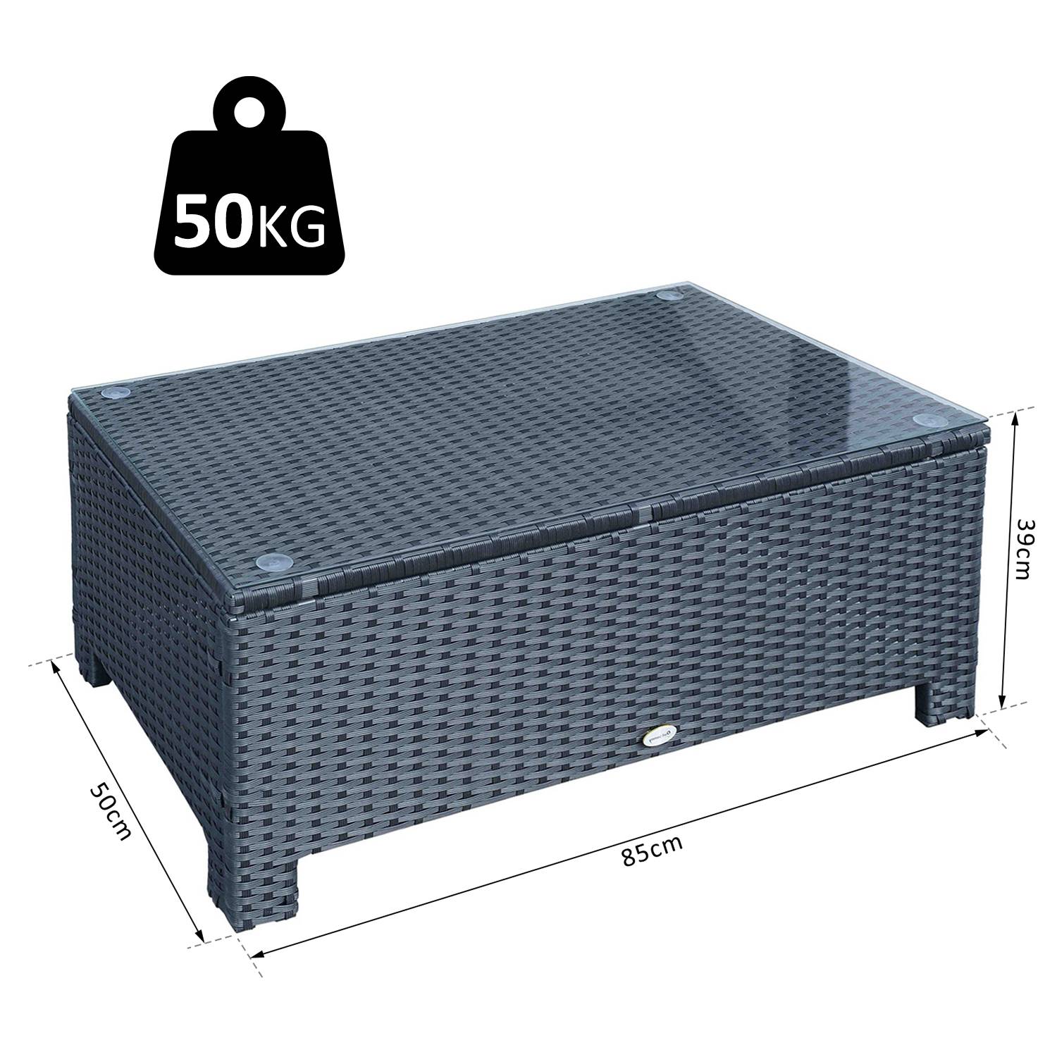 Table Basse de Jardin Plateau Verre trempé 5 mm rotin tressé 85 x 50 x 39cm Max. 50 kg Noir - Image 5
