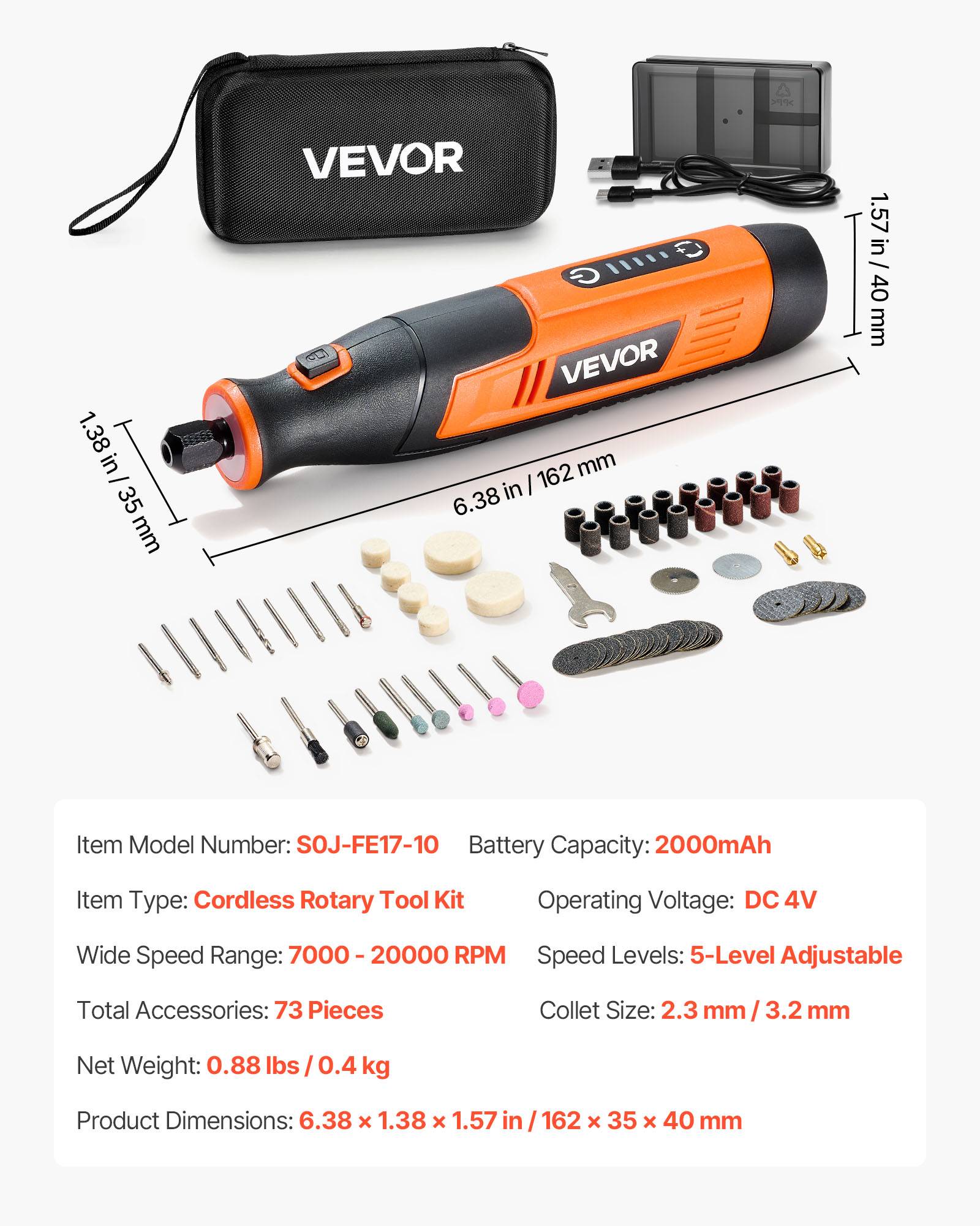 VEVOR Kit d'outils rotatifs sans fil 73 PCs CC 4 V 5 vitesses 7000 à 20000 PRM - Image 7