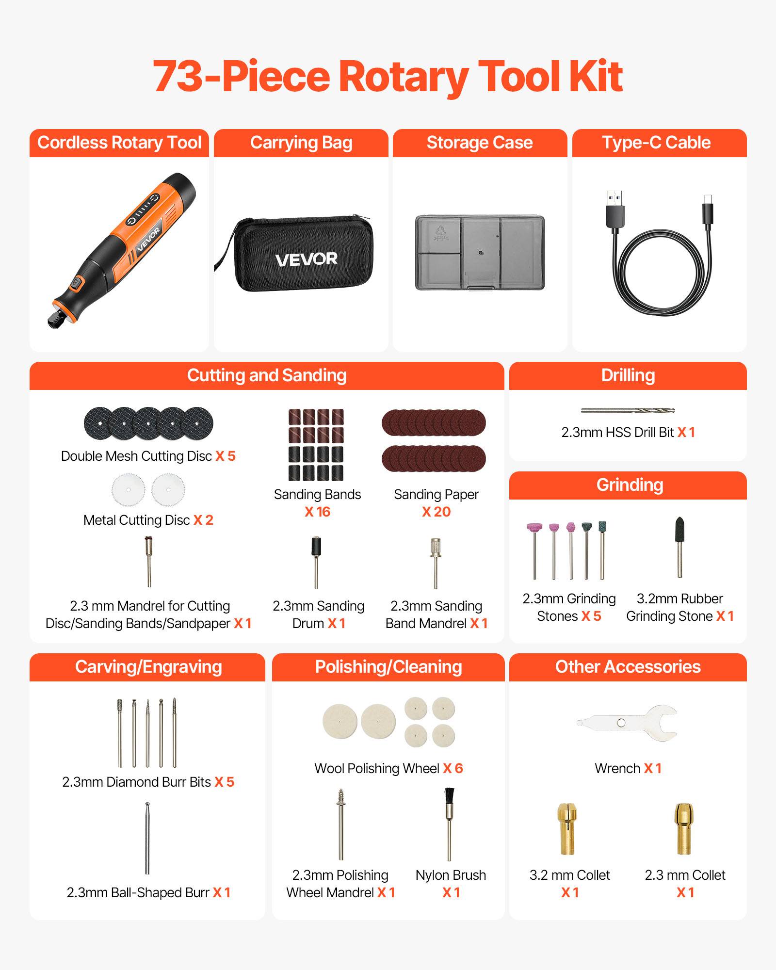 VEVOR Kit d'outils rotatifs sans fil 73 PCs CC 4 V 5 vitesses 7000 à 20000 PRM - Image 4