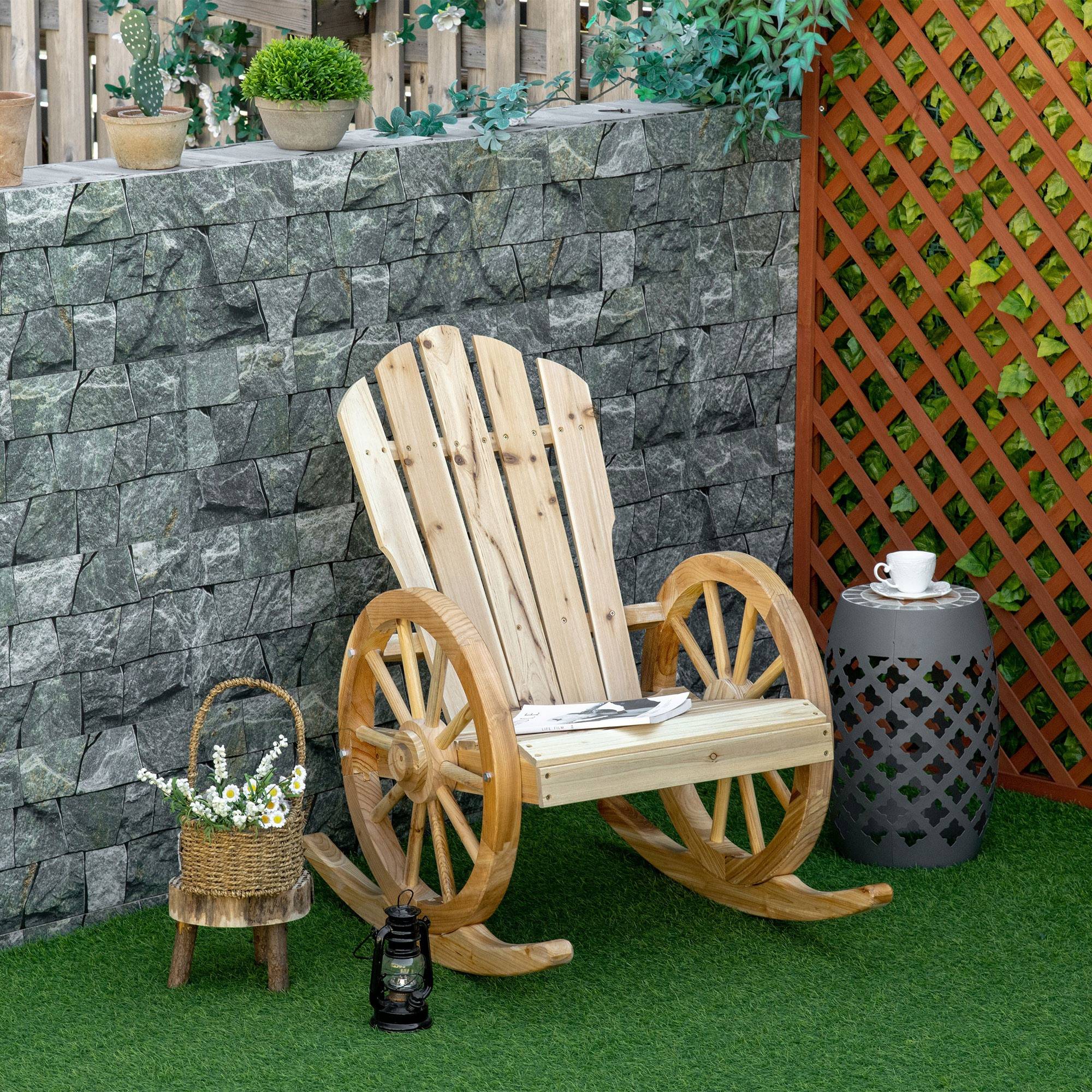 Fauteuil à Bascule Rustique Bois Sapin Jardin Terrasse Design Roue Naturel - ComfortXL Outdoor Living - Image 4