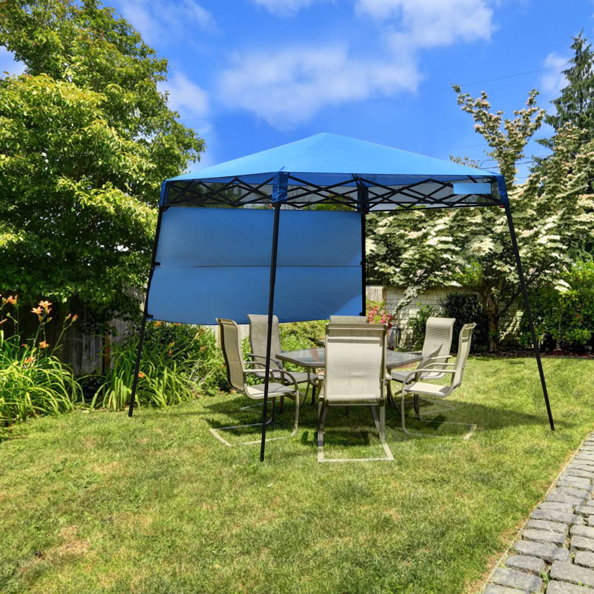 Tonnelle Pliante 182 x 182 cm Protection Solaire Portable et Léger Abri avec Sac à Dos pour Camping Fête Barbecue Jardin Patio Plage Bleu F403R - Image 2