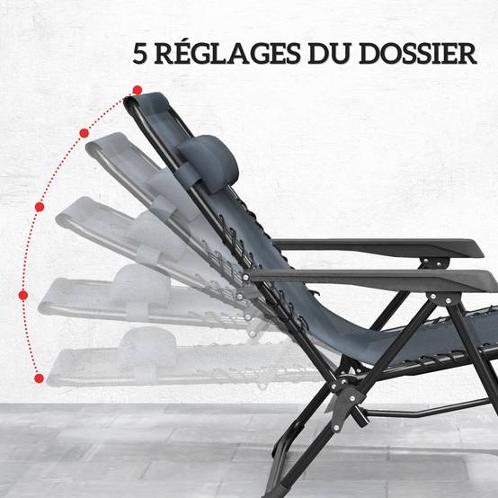 Lot de 2 chaise longue pliable et inclinable avec table d'appoint, porte-gobelets et appuie-têtes, charge 120 kg, gris - Image 6