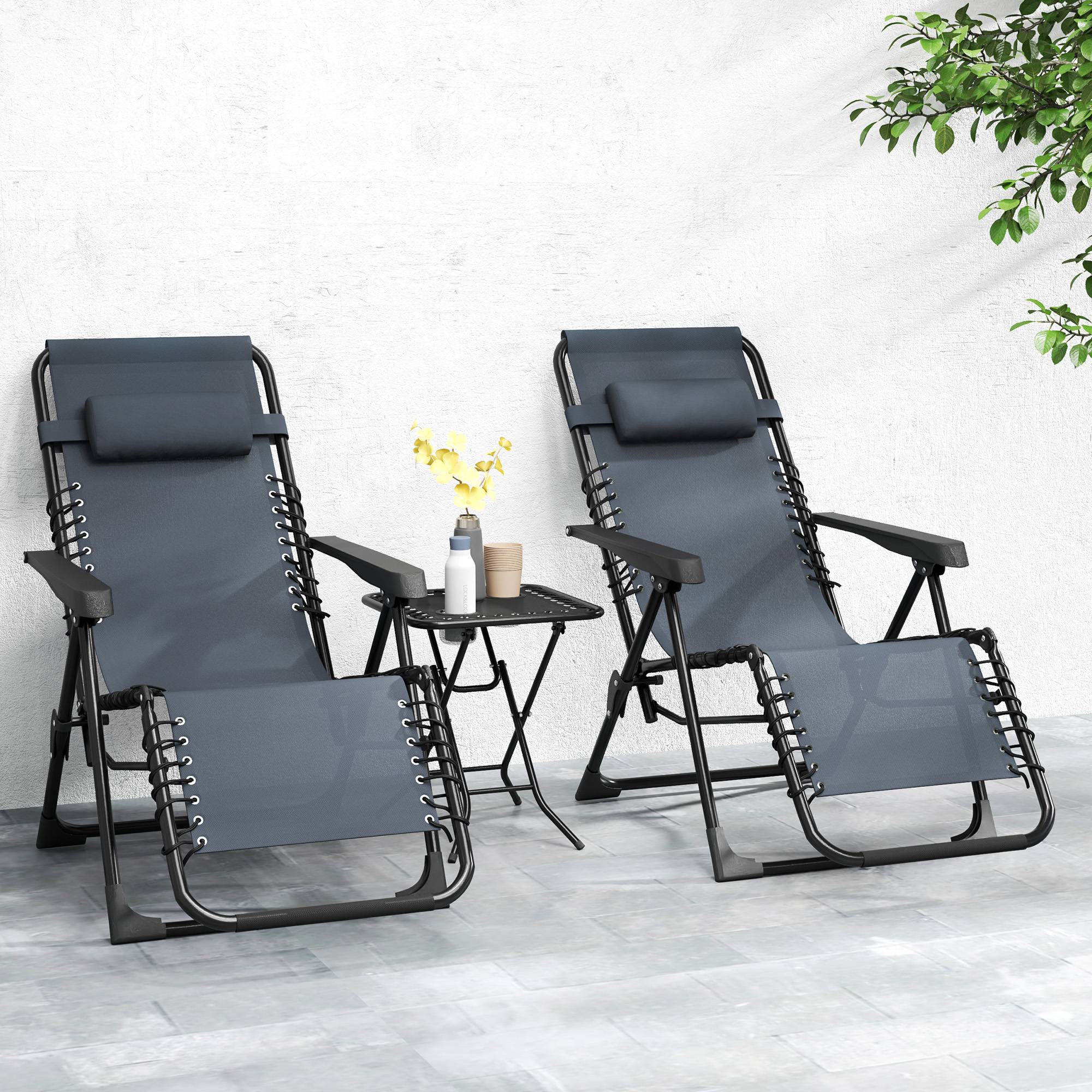 Lot de 2 chaise longue pliable et inclinable avec table d'appoint, porte-gobelets et appuie-têtes, charge 120 kg, gris - Image 4
