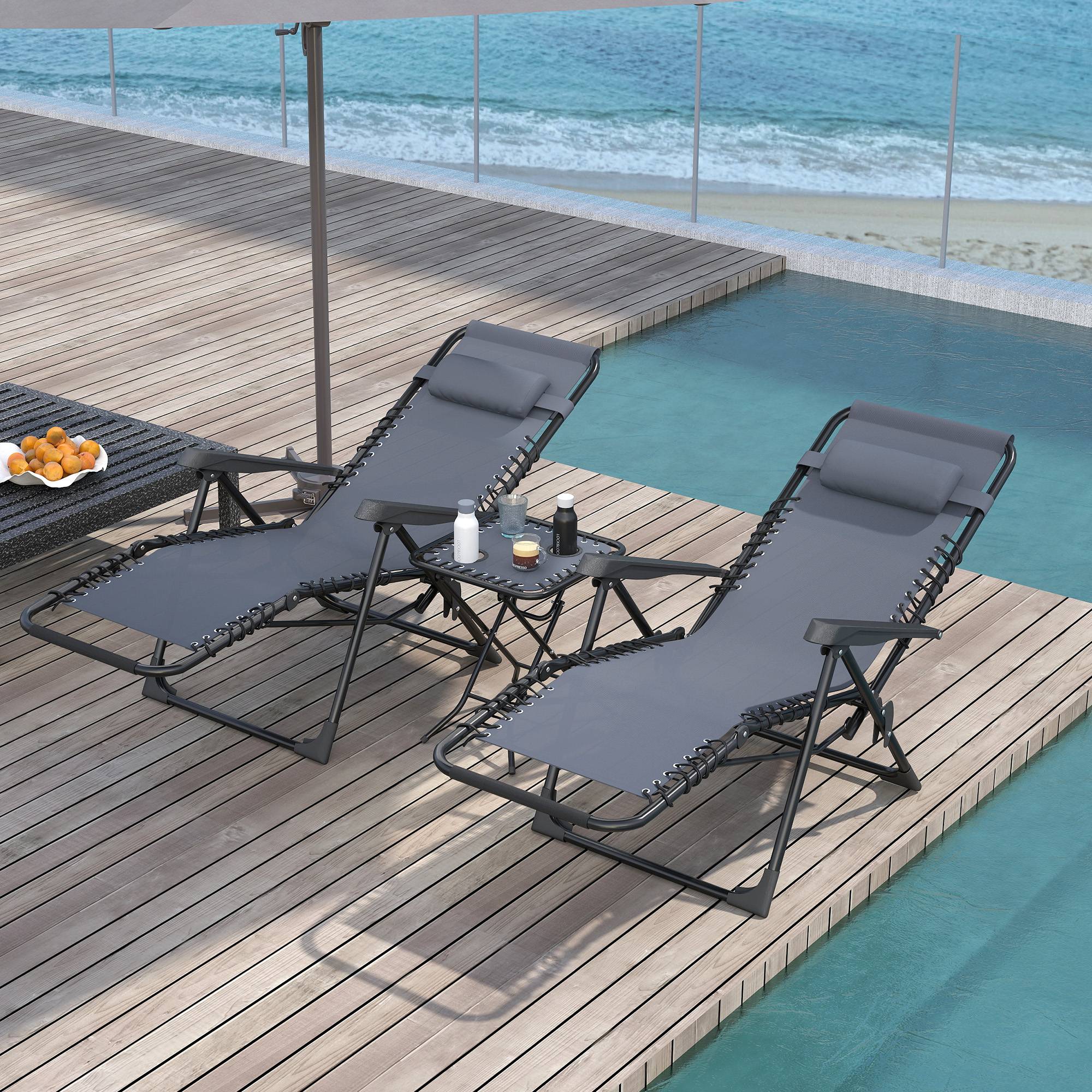 Lot de 2 chaise longue pliable et inclinable avec table d'appoint, porte-gobelets et appuie-têtes, charge 120 kg, gris - Image 3