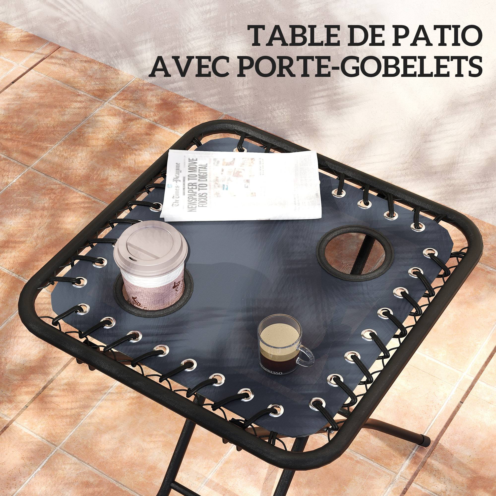 Lot de 2 chaise longue pliable et inclinable avec table d'appoint, porte-gobelets et appuie-têtes, charge 120 kg, gris - Image 7