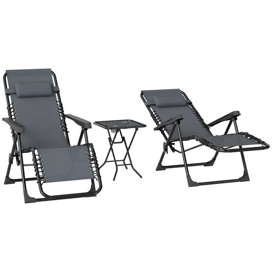 Lot de 2 chaise longue pliable et inclinable avec table d'appoint, porte-gobelets et appuie-têtes, charge 120 kg, gris - Image 2