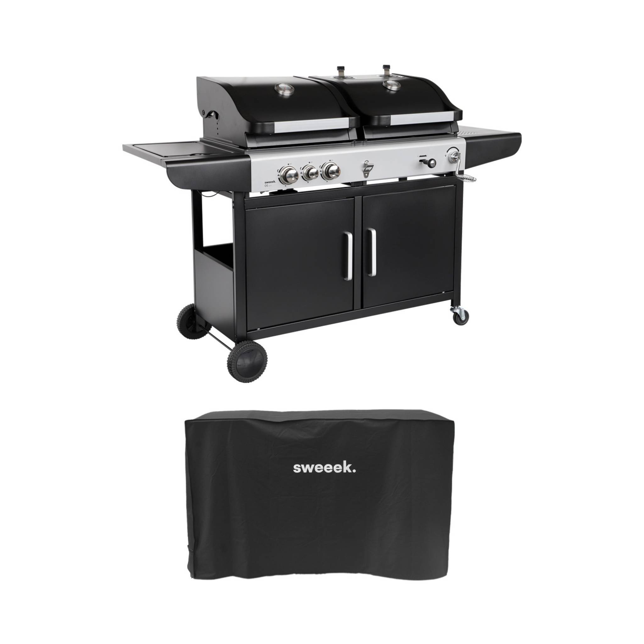 sweeek - Barbecue 2 en 1 gaz et charbon. 3 brûleurs + 1 feu latéral. grill et fumoir avec tablettes et housse | sweeek - Image 2