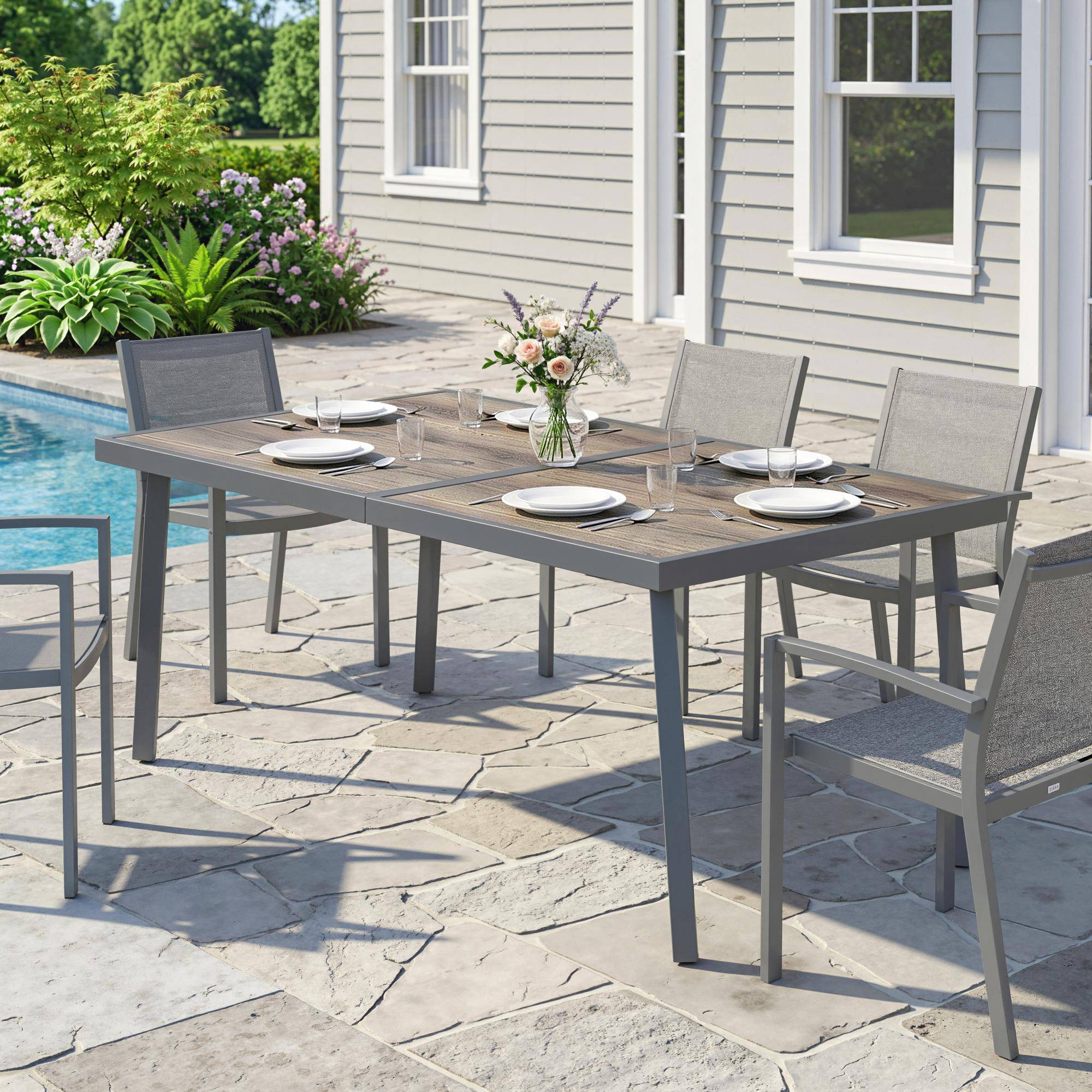 ComfortXL - Table de jardin acier effet bois gris 145 x 85 cm pour 6 personnes résistante - ComfortXL Outdoor Living - Image 10